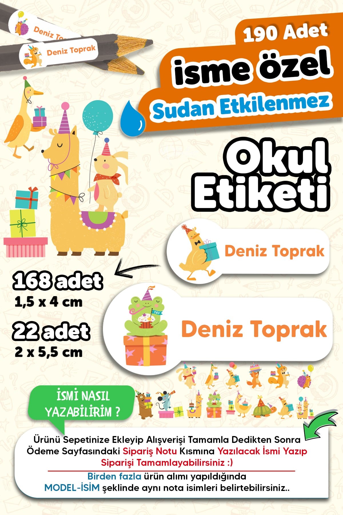 190 Adet Kişiye Özel Okul Etiketi İsimli Kalem Defter Suluk Etiket Suya Dayanıklı Etiket Hayvanlar