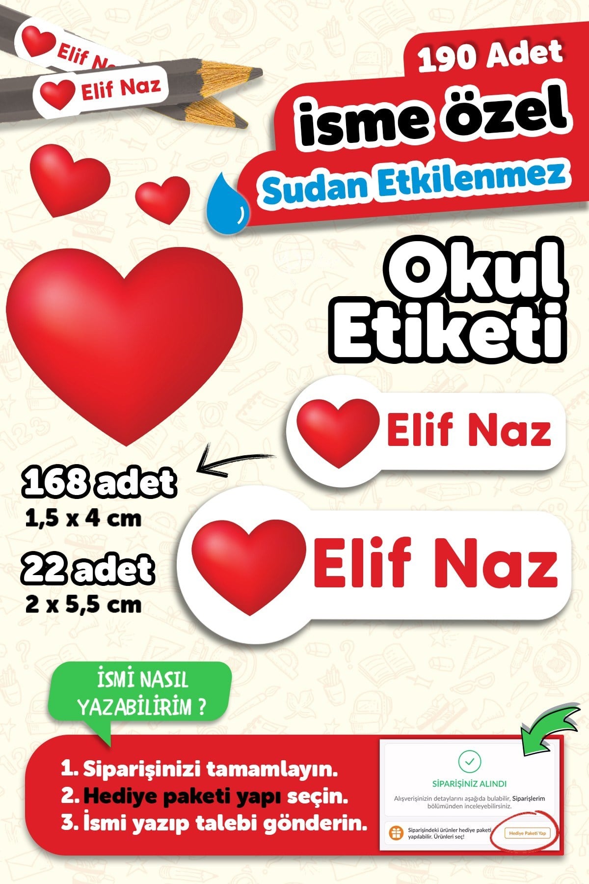 190 Adet Kişiye Özel Okul Etiketi İsimli Kalem Defter Suluk Etiket Suya Dayanıklı Etiket Kalpli