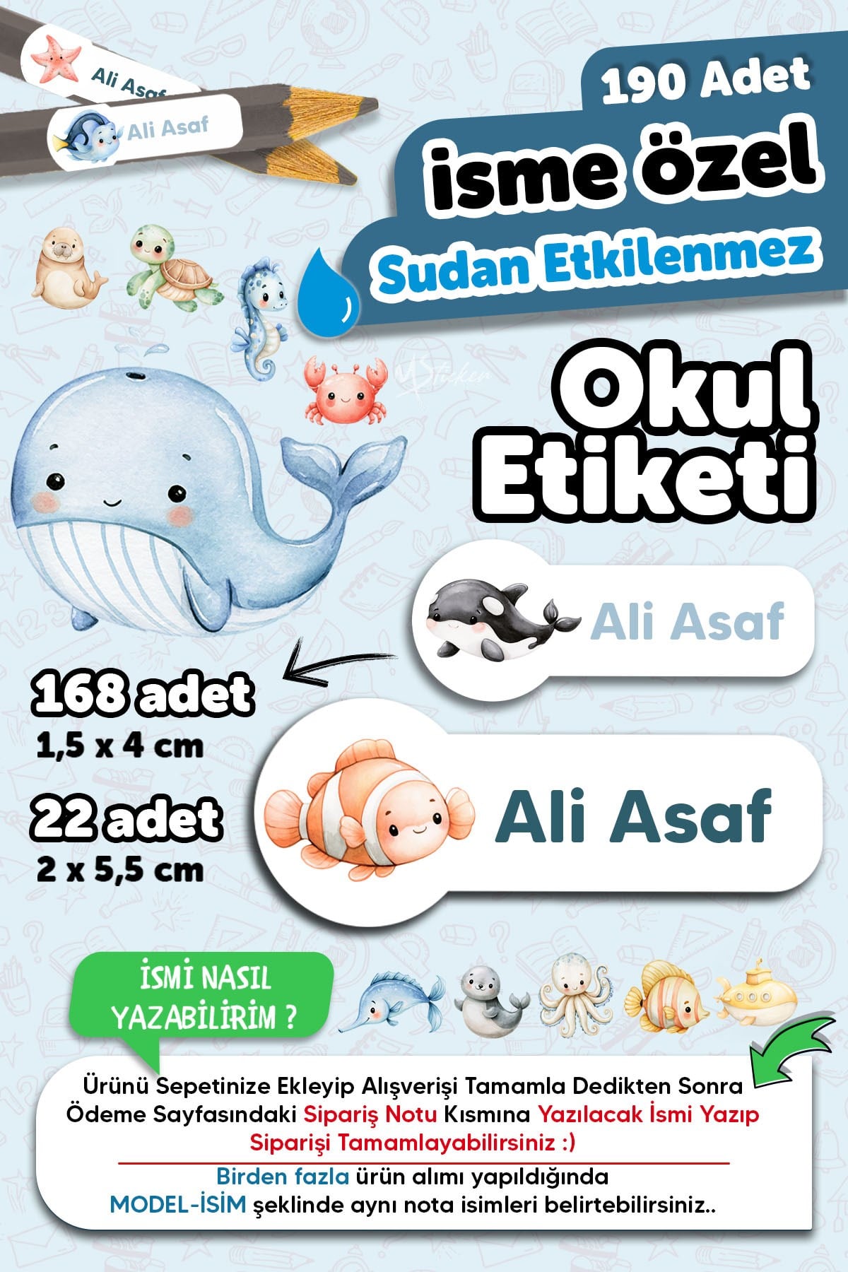 190 Adet Kişiye Özel Okul Etiketi İsimli Kalem Defter Suluk Etiket Suya Dayanıklı Etiket Balıklar