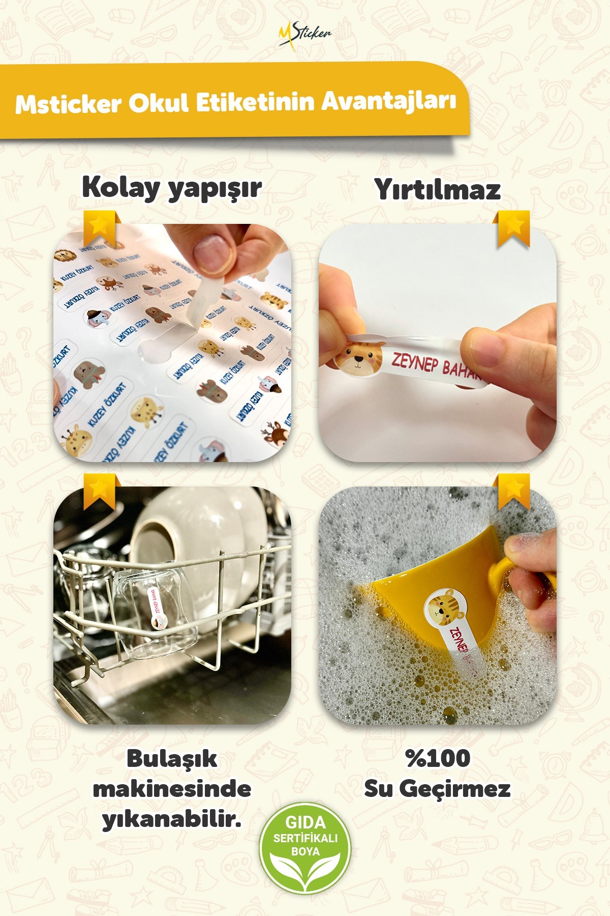 190 Adet Kişiye Özel Okul Etiketi İsimli Kalem Defter Suluk Etiket Suya Dayanıklı Etiket Kalpli
