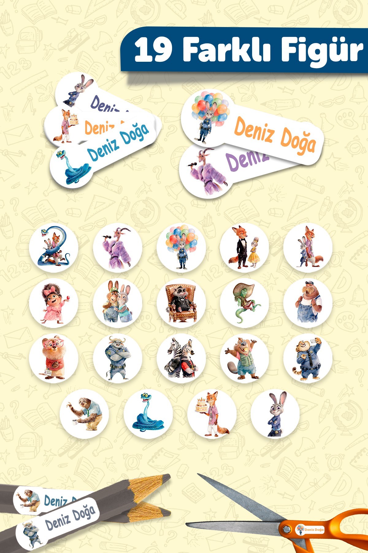 190 Adet Kişiye Özel Okul Etiketi İsimli Kalem Defter Suluk Etiket Suya Dayanıklı Etiket Zootopia