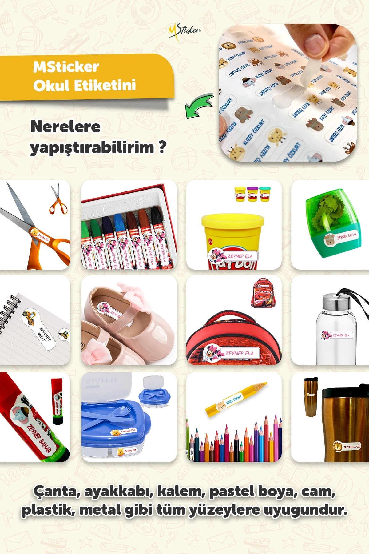 190 Adet Kişiye Özel Okul Etiketi İsimli Kalem Defter Suluk Etiket Suya Dayanıklı Etiket Oyun