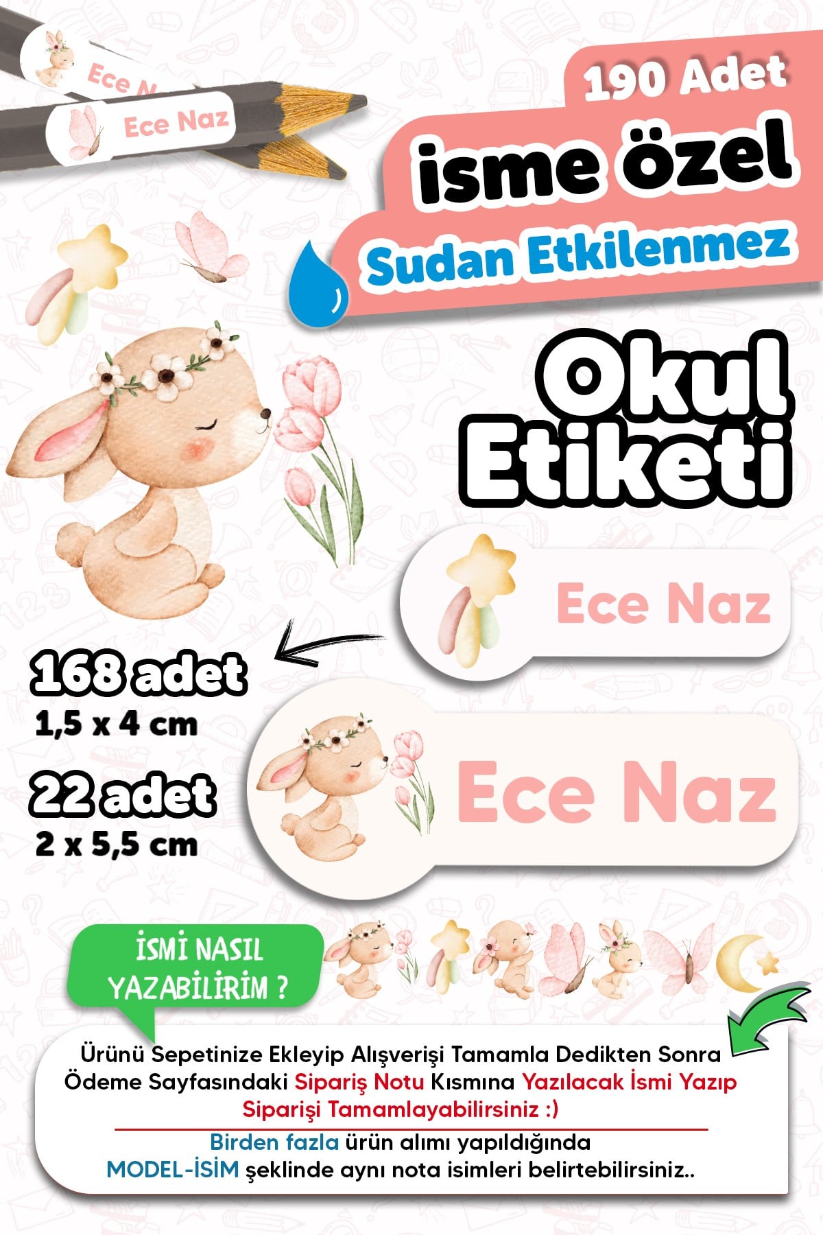 190 Adet Kişiye Özel Okul Etiketi İsimli Kalem Defter Suluk Etiket Suya Dayanıklı Etiket Tavşan Tema