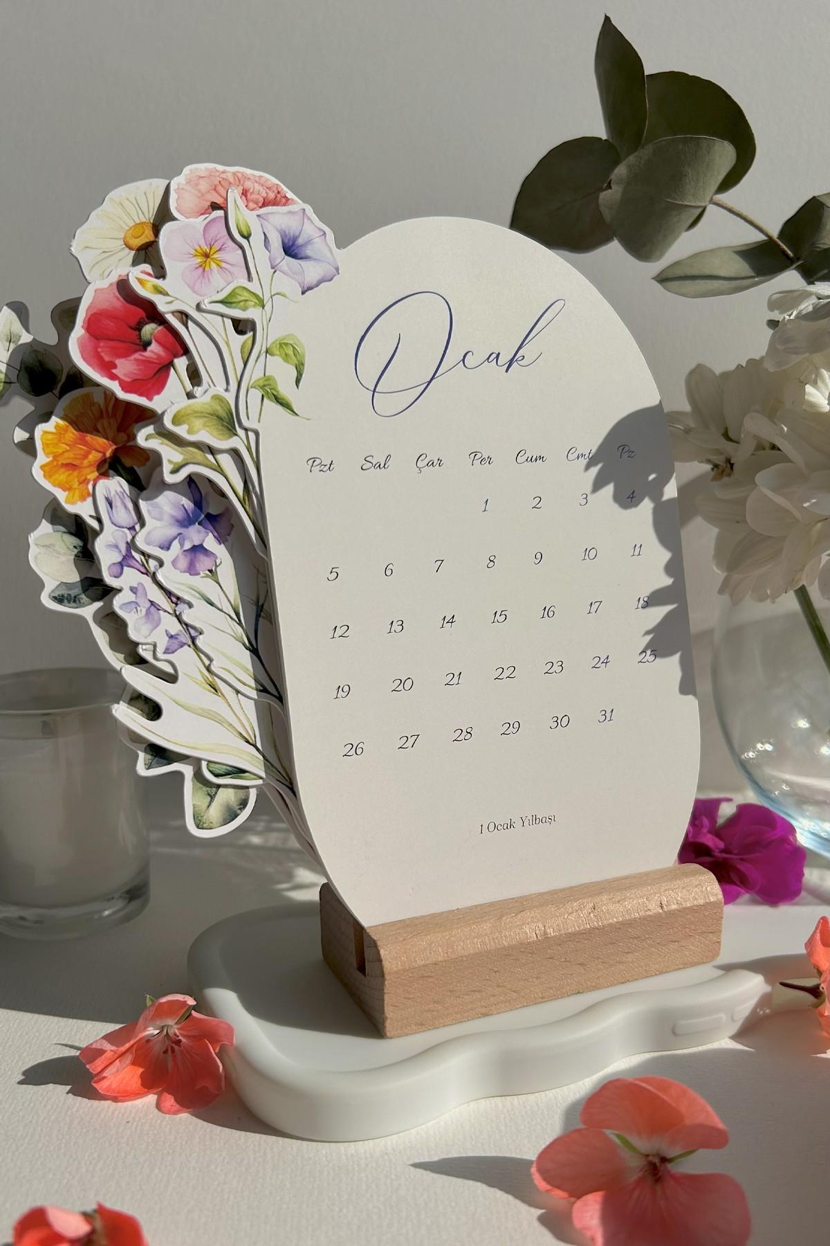 2026 Çiçekli Masa Takvimi | 12 Ay Özel Tasarım | Ahşap Standlı Dekoratif Takvim 2026 Floral Tasarım