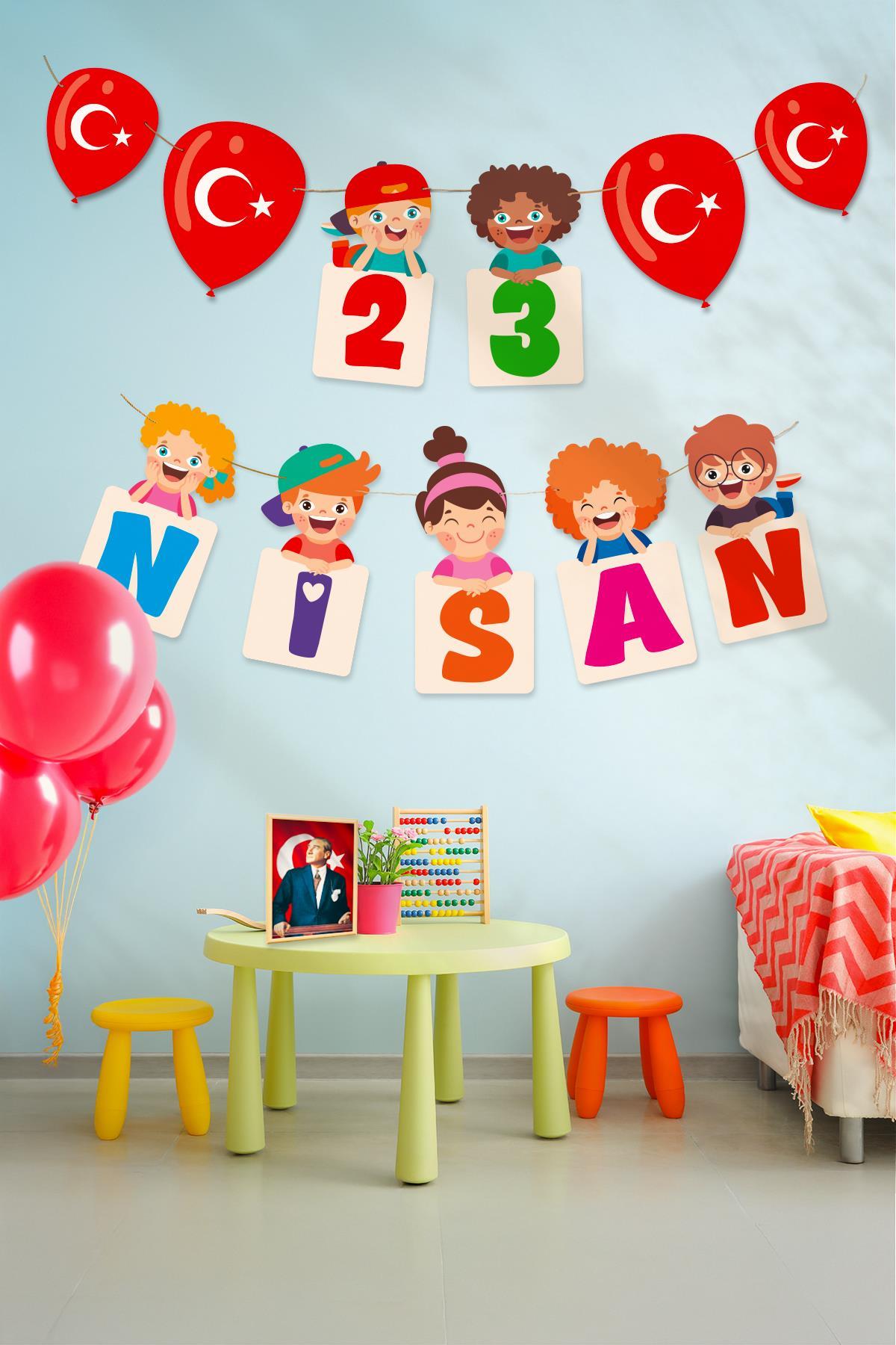 23 Nisan Bayramı Temalı Flama, Çocuk Bayramı Sınıf Ev Süsleme Okul Süsleme Hasır İpli Flama
