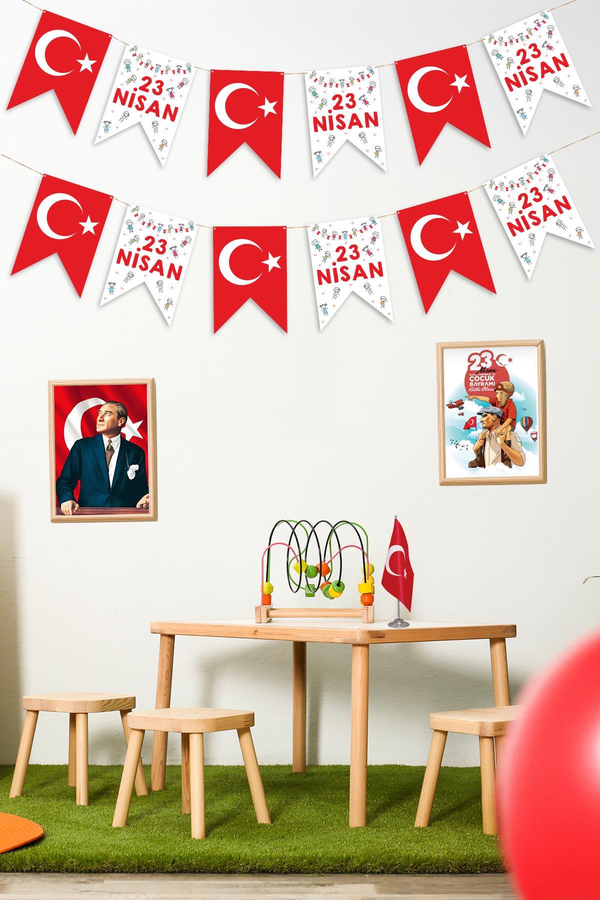 23 Nisan Bayramı Temalı Flama, Çocuk Bayramı Sınıf Ev Süsleme Okul Süsleme Hasır İpli Flama Seti