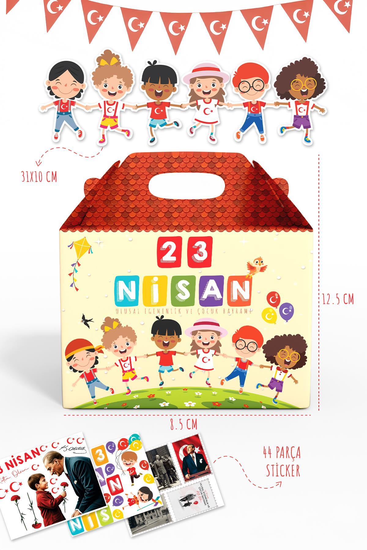 23 Nisan Hediye Kutusu, Özel Tasarım 8 adet Çocuk Bayramı Hediye Kutusu 44 Mini Sticker ve Çocuk Süs