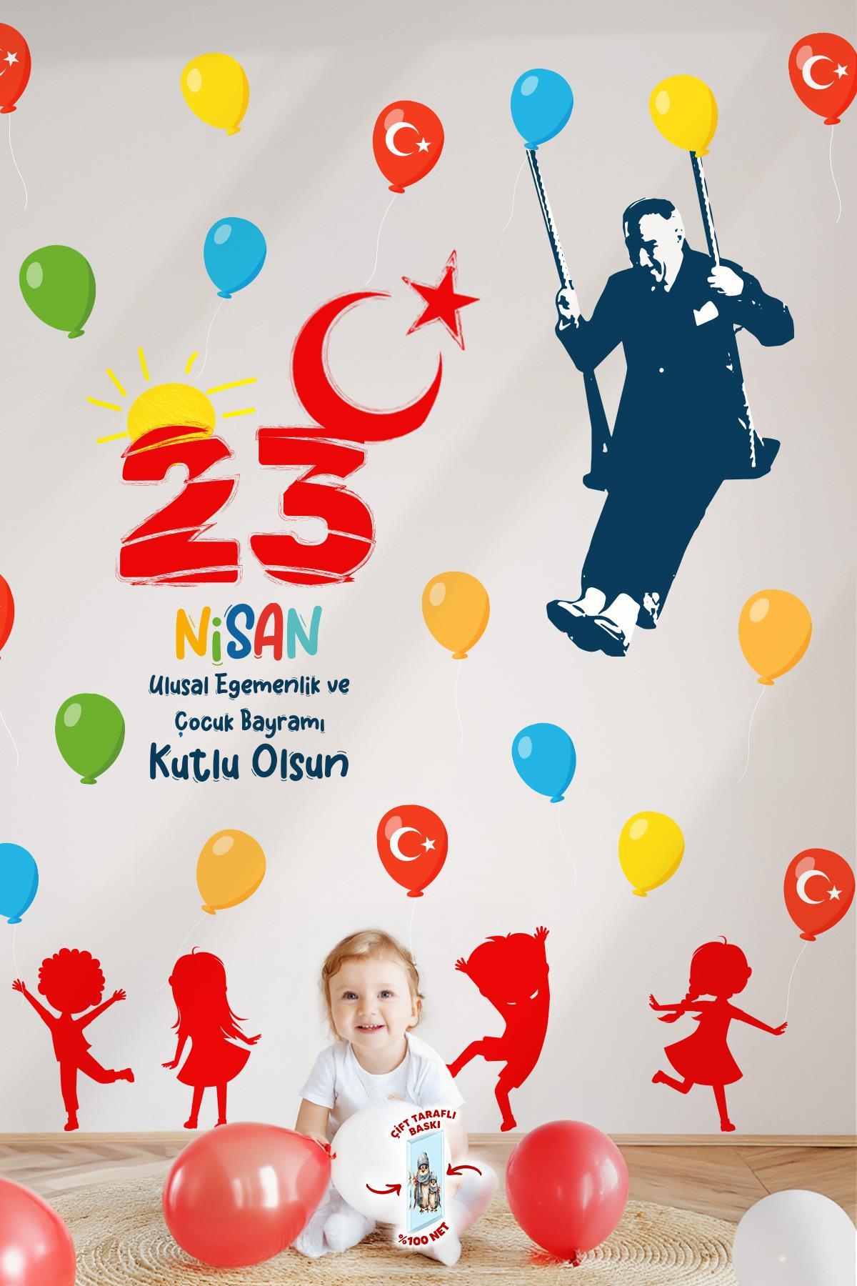 23 Nisan Temalı Bayraklı Çift Taraflı Baskılı Sticker Seti, Atatürk ve Çocuk Cam Sticker