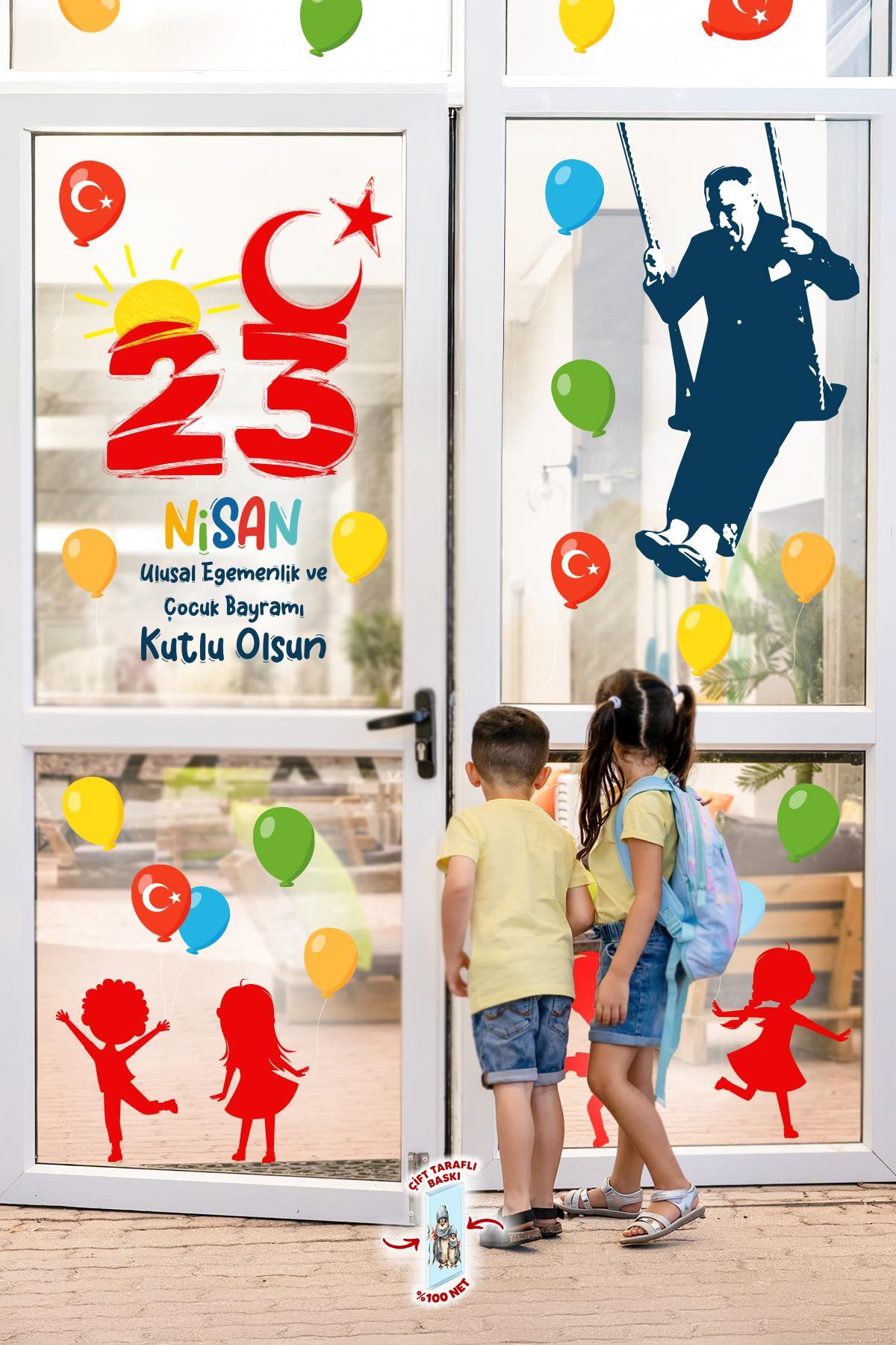 23 Nisan Temalı Bayraklı Çift Taraflı Baskılı Sticker Seti, Atatürk ve Çocuk Cam Sticker