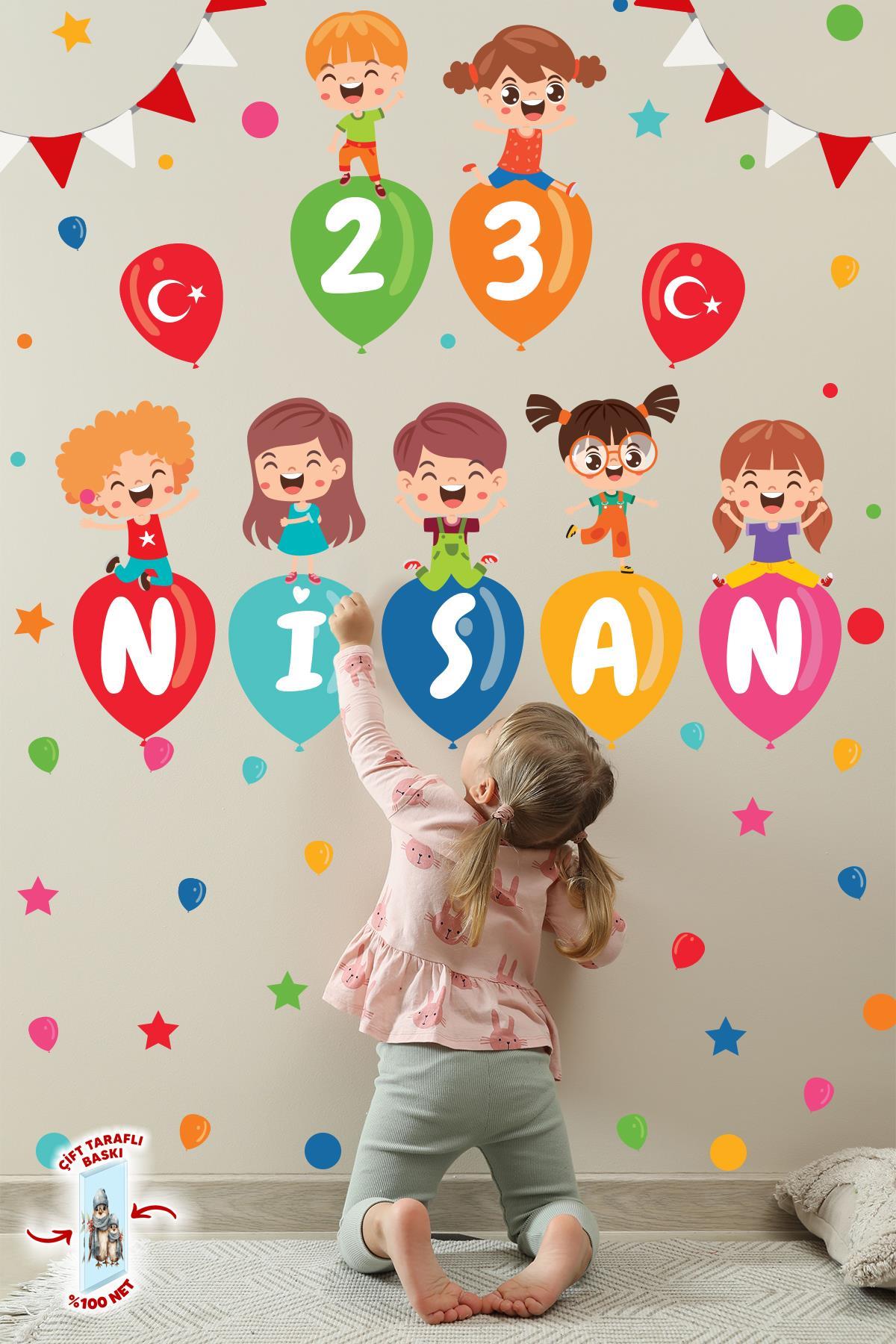 23 Nisan Temalı Bayraklı Çift Taraflı Baskılı Sticker Seti, 23 Nisan Cam Duvar Çocuk Bayramı Sticker