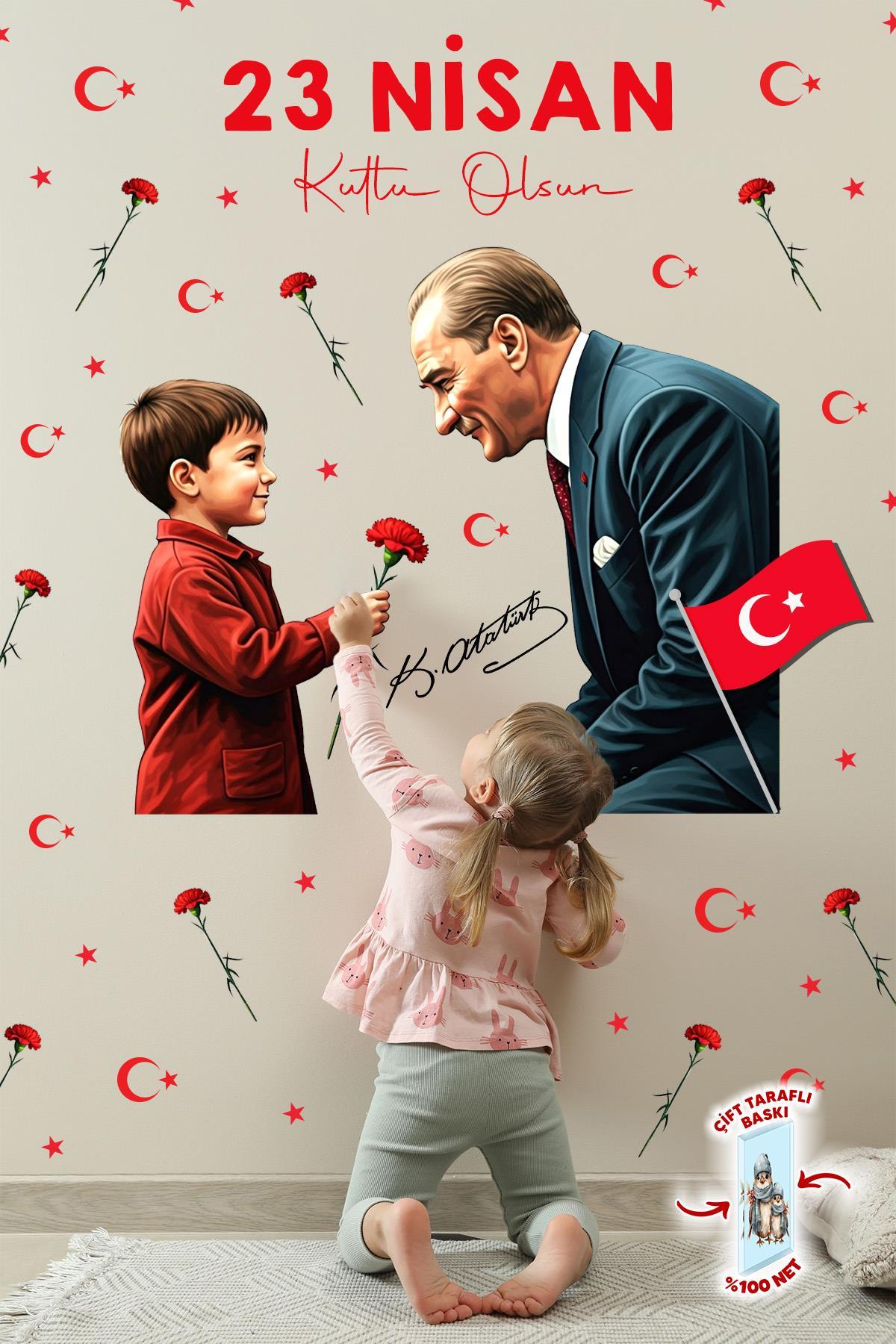 23 Nisan Temalı Bayraklı Çift Taraflı Baskılı Sticker Seti, Atatürk ve Çocuk Cam Sticker