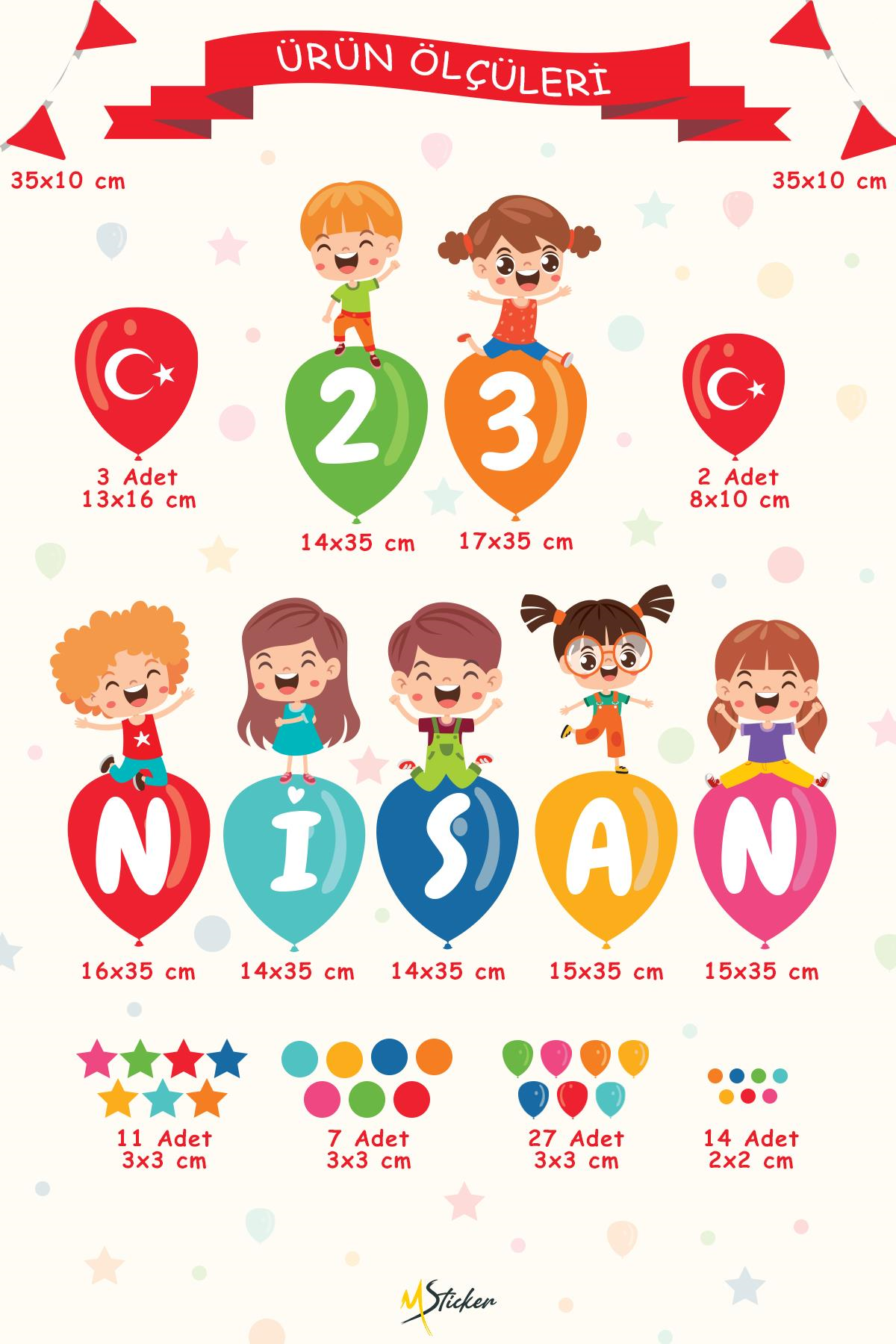 23 Nisan Temalı Bayraklı Çift Taraflı Baskılı Sticker Seti, 23 Nisan Cam Duvar Çocuk Bayramı Sticker