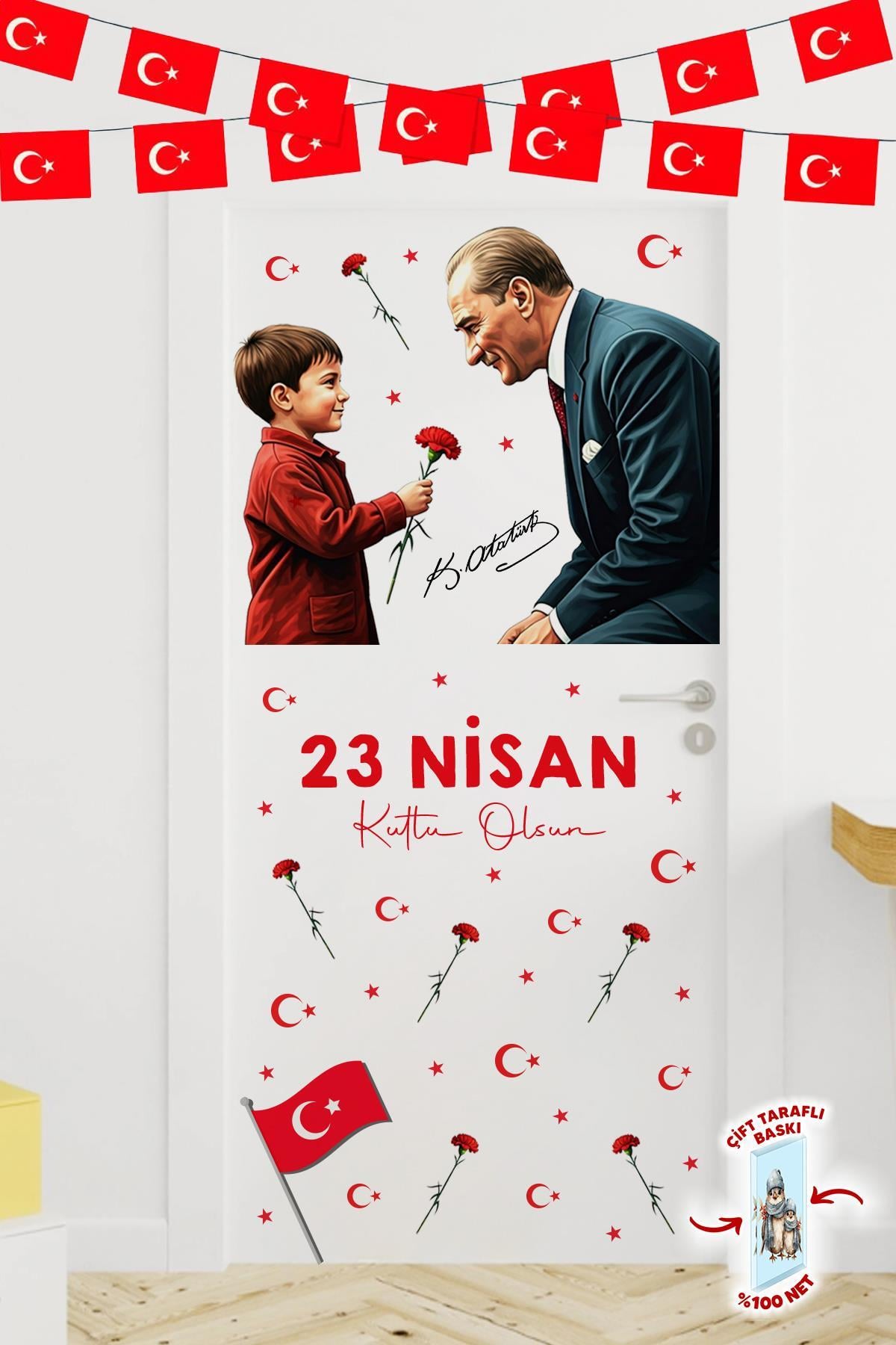23 Nisan Temalı Bayraklı Çift Taraflı Baskılı Sticker Seti, Atatürk ve Çocuk Cam Sticker
