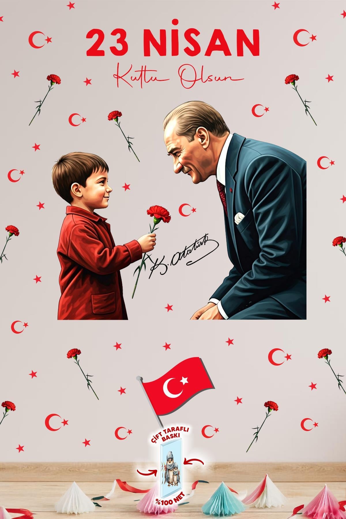 23 Nisan Temalı Bayraklı Çift Taraflı Baskılı Sticker Seti, Atatürk ve Çocuk Cam Sticker