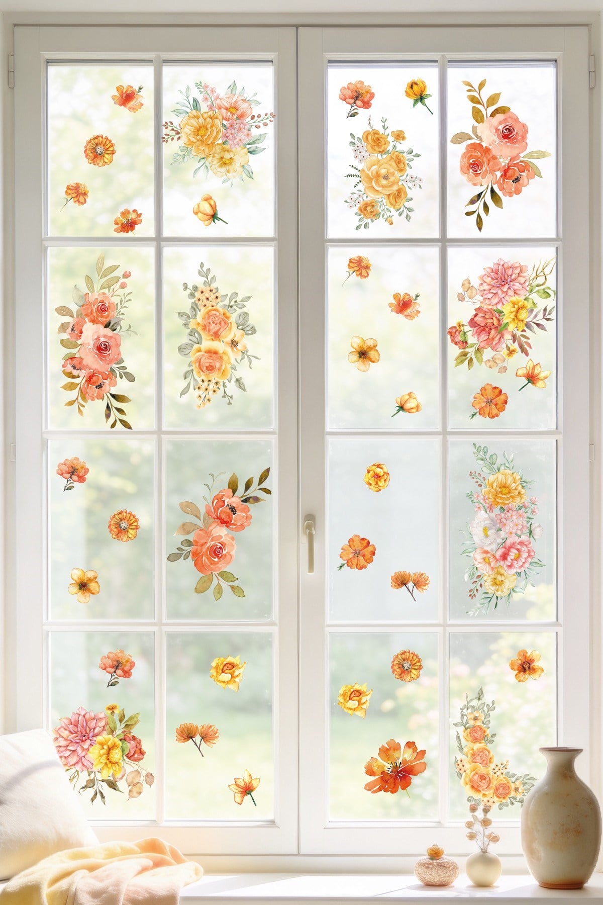 52 Parça Bahar Temalı Cam Sticker Seti – Suluboya Floral Çift Taraflı Görünüm, Dekoratif Cam Sticker