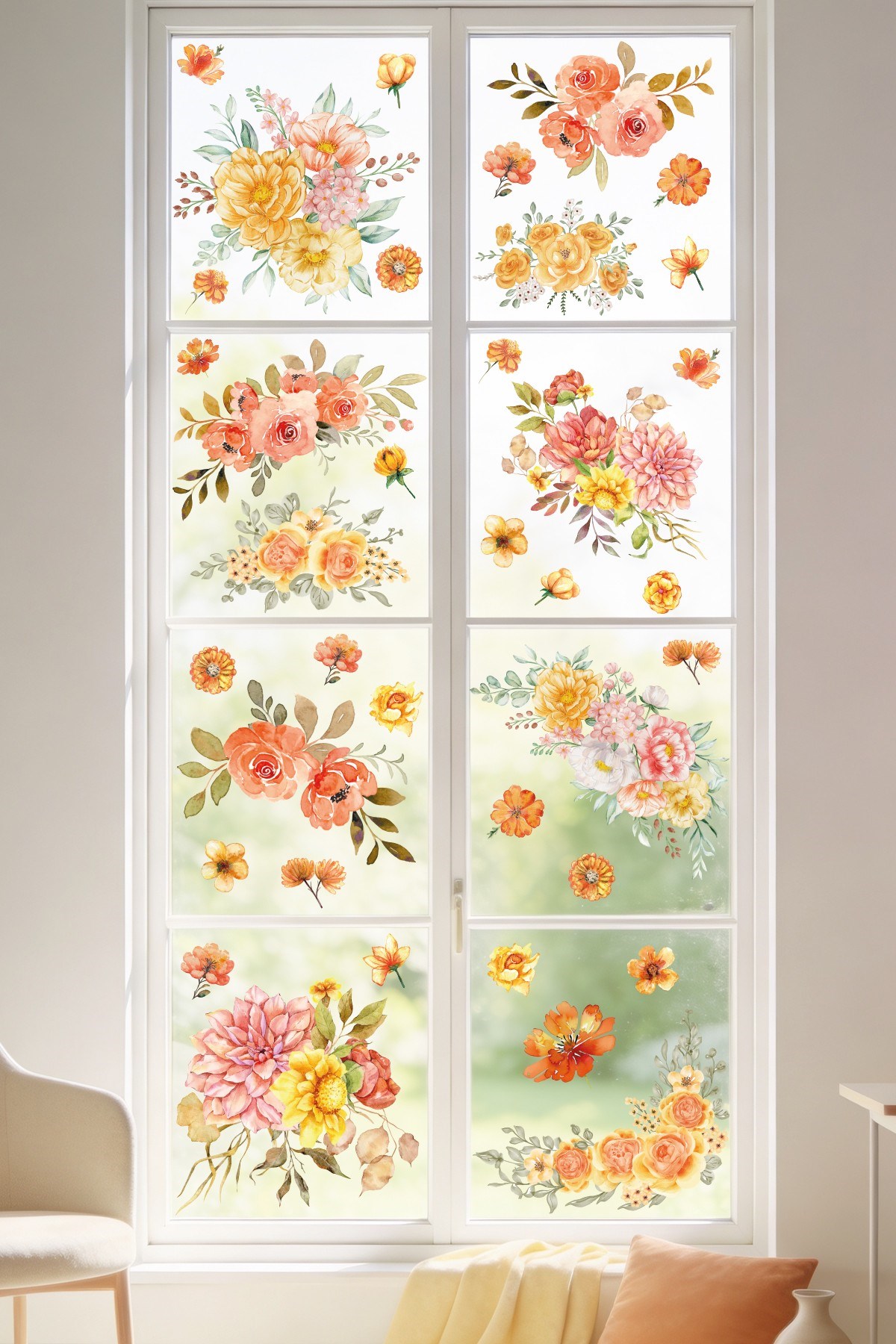 52 Parça Bahar Temalı Cam Sticker Seti – Suluboya Floral Çift Taraflı Görünüm, Dekoratif Cam Sticker