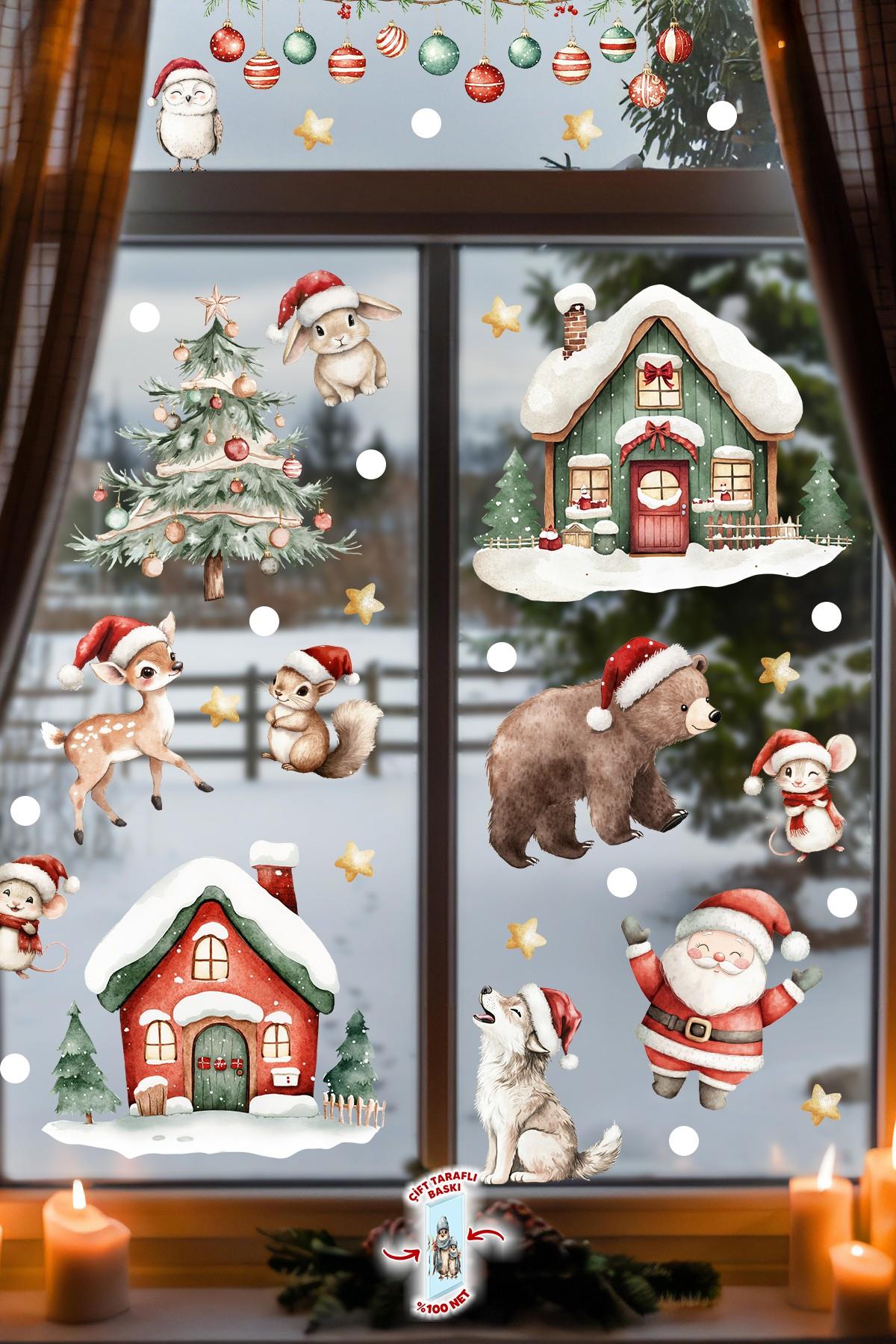 89 Parça Çift Taraflı Yılbaşı Cam Sticker Seti – Suya Dayanıklı Noel Süsleri - Yeni Yıl Cam Duvar 