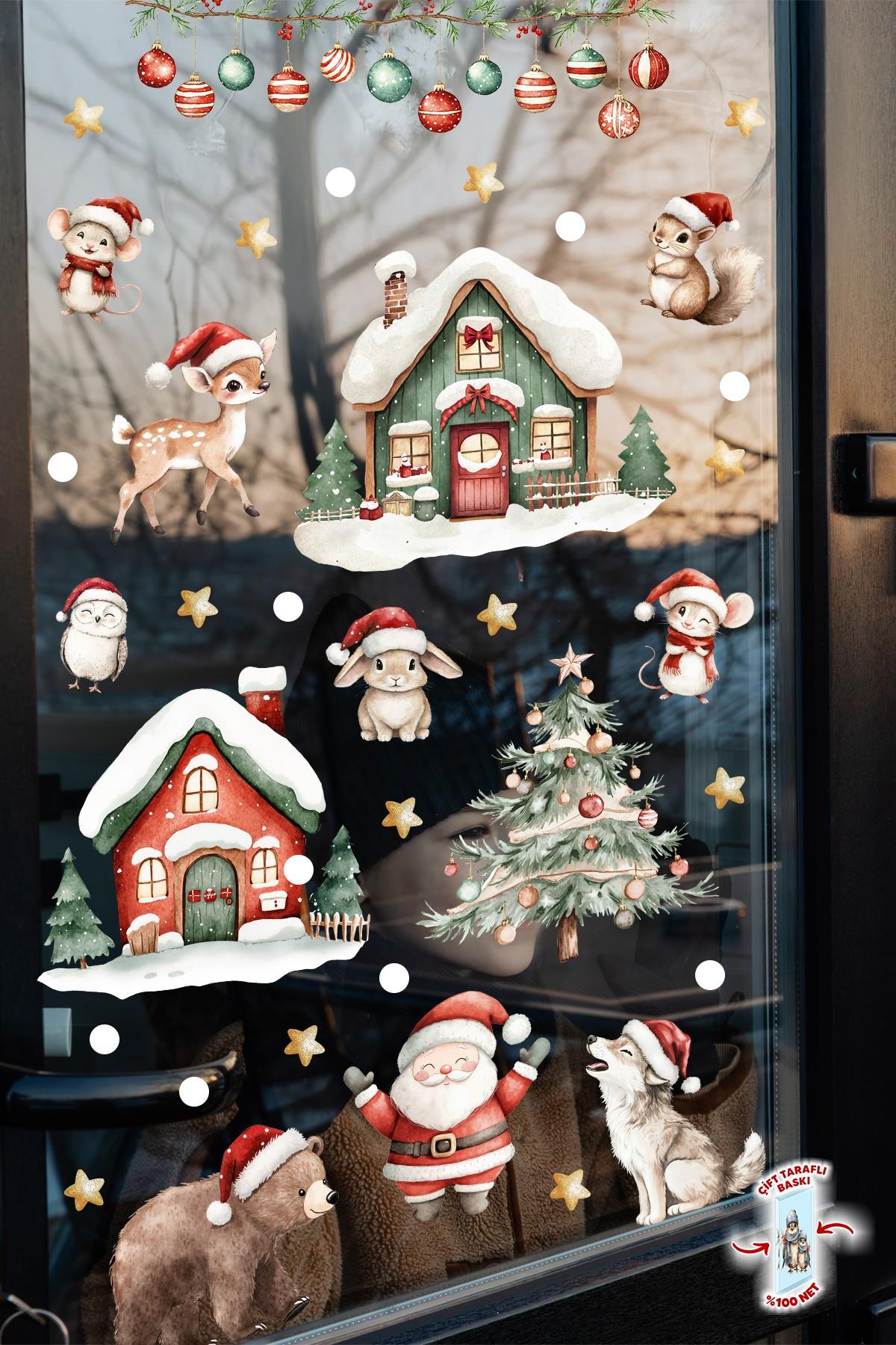 89 Parça Çift Taraflı Yılbaşı Cam Sticker Seti – Suya Dayanıklı Noel Süsleri - Yeni Yıl Cam Duvar 