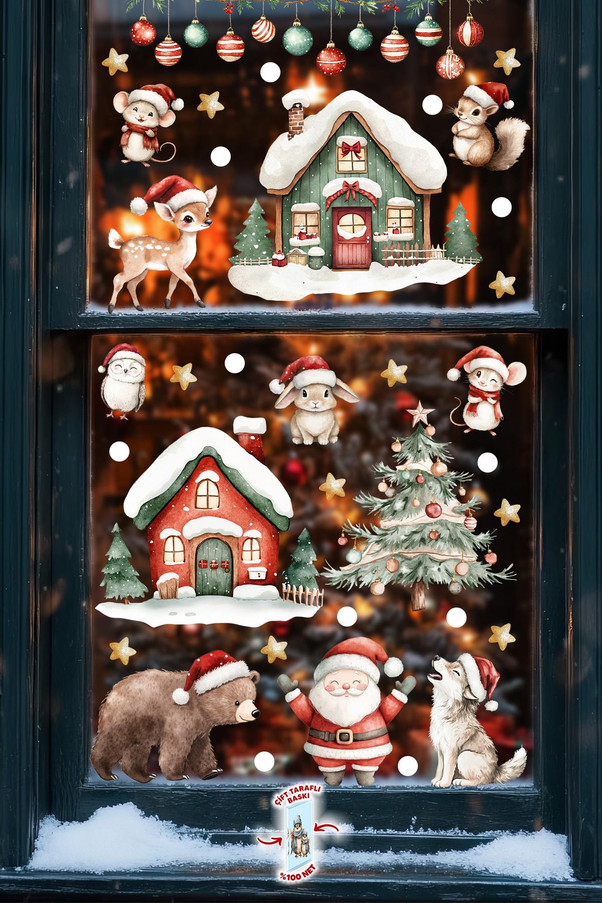 89 Parça Çift Taraflı Yılbaşı Cam Sticker Seti – Suya Dayanıklı Noel Süsleri - Yeni Yıl Cam Duvar 