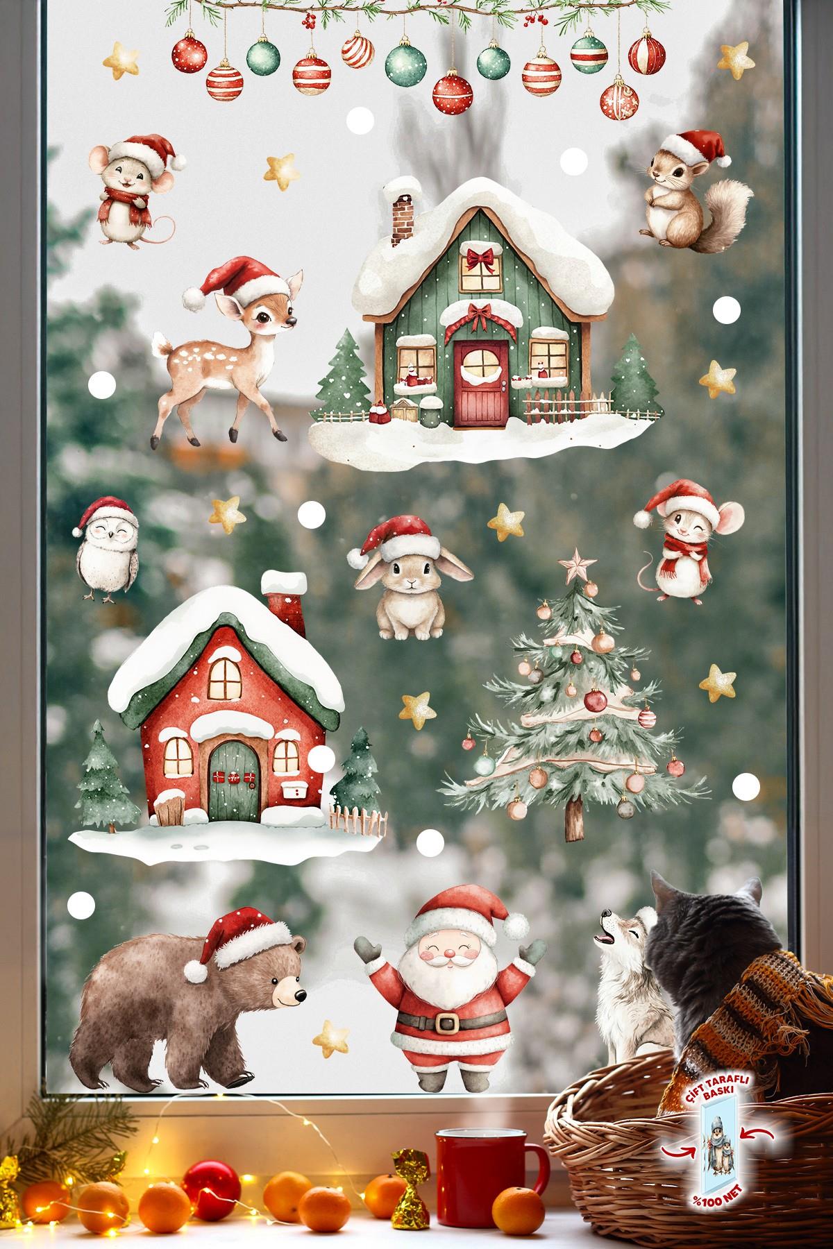 89 Parça Çift Taraflı Yılbaşı Cam Sticker Seti – Suya Dayanıklı Noel Süsleri - Yeni Yıl Cam Duvar 