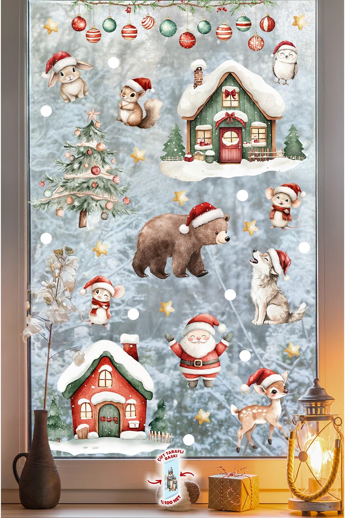 89 Parça Çift Taraflı Yılbaşı Cam Sticker Seti – Suya Dayanıklı Noel Süsleri - Yeni Yıl Cam Duvar 