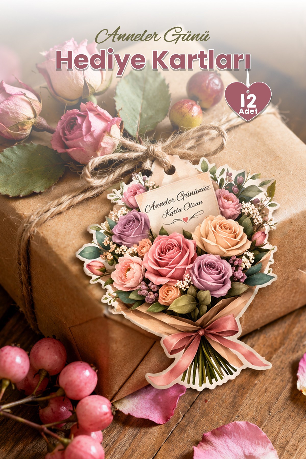 Anneler Günü Hediye Kartı 12 Adet 10x10 cm | Yazılabilir Mesaj Kartı | Hediye Paketi İçin Çiçek Kart