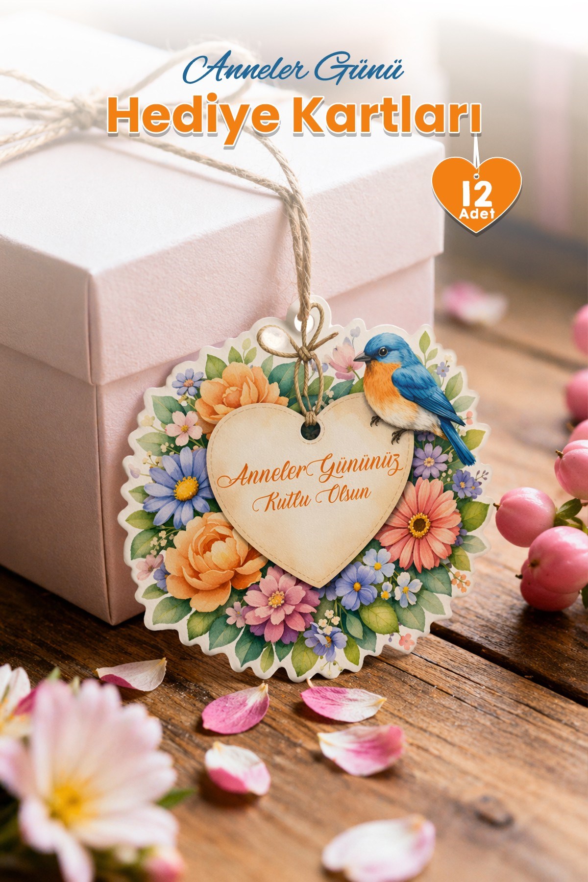 Anneler Günü Hediye Kartı 12 Adet 10x10 cm | Yazılabilir Mesaj Kartı | Hediye Paketi İçin Çiçek Kart