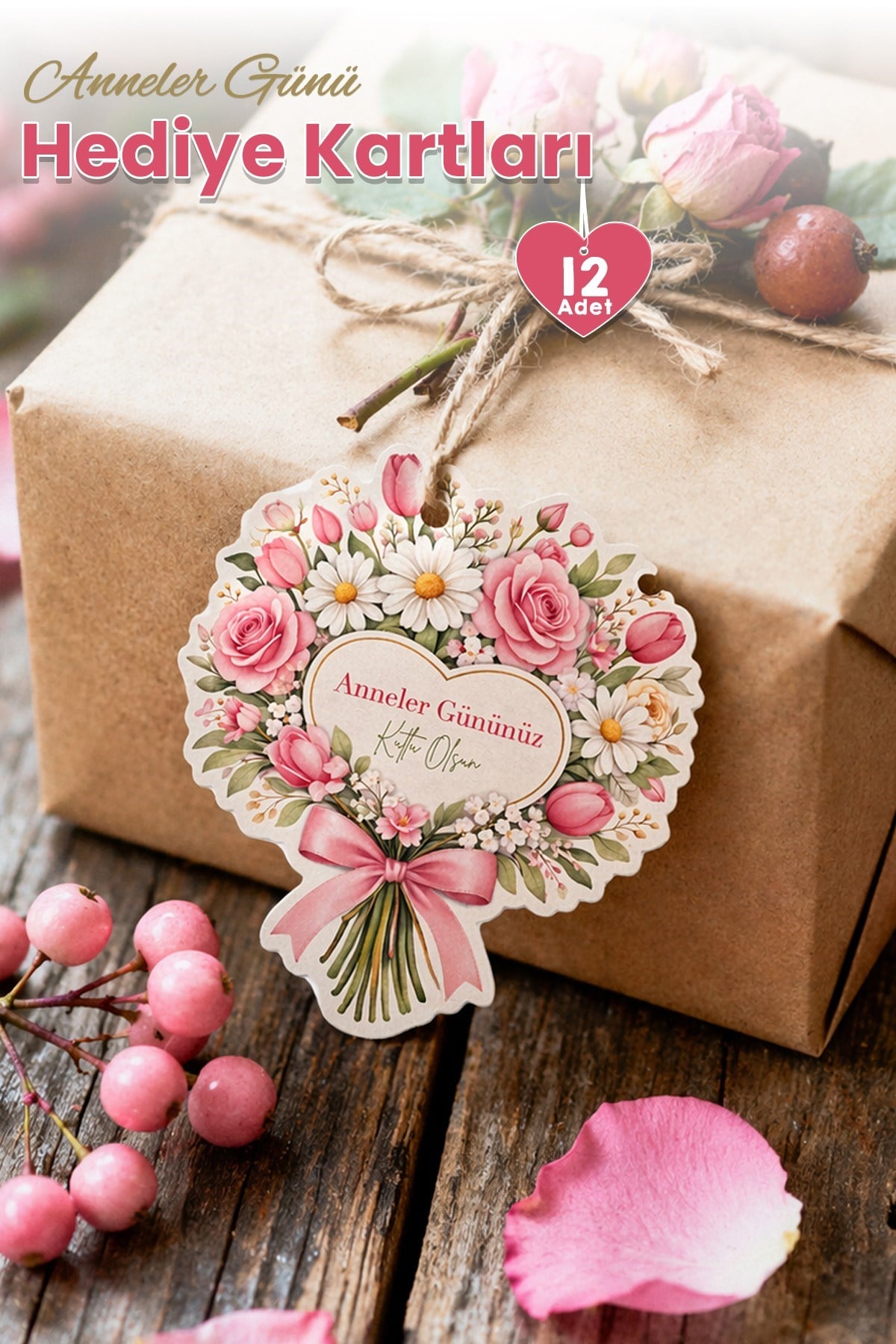 Anneler Günü Hediye Kartı 12 Adet 10x10 cm | Yazılabilir Mesaj Kartı | Hediye Paketi İçin Çiçek Kart