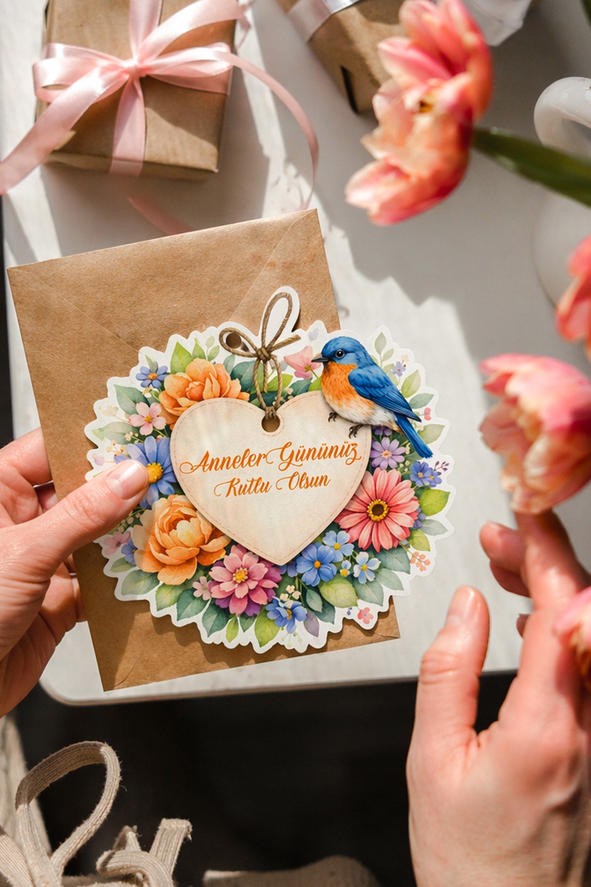 Anneler Günü Hediye Kartı 12 Adet 10x10 cm | Yazılabilir Mesaj Kartı | Hediye Paketi İçin Çiçek Kart