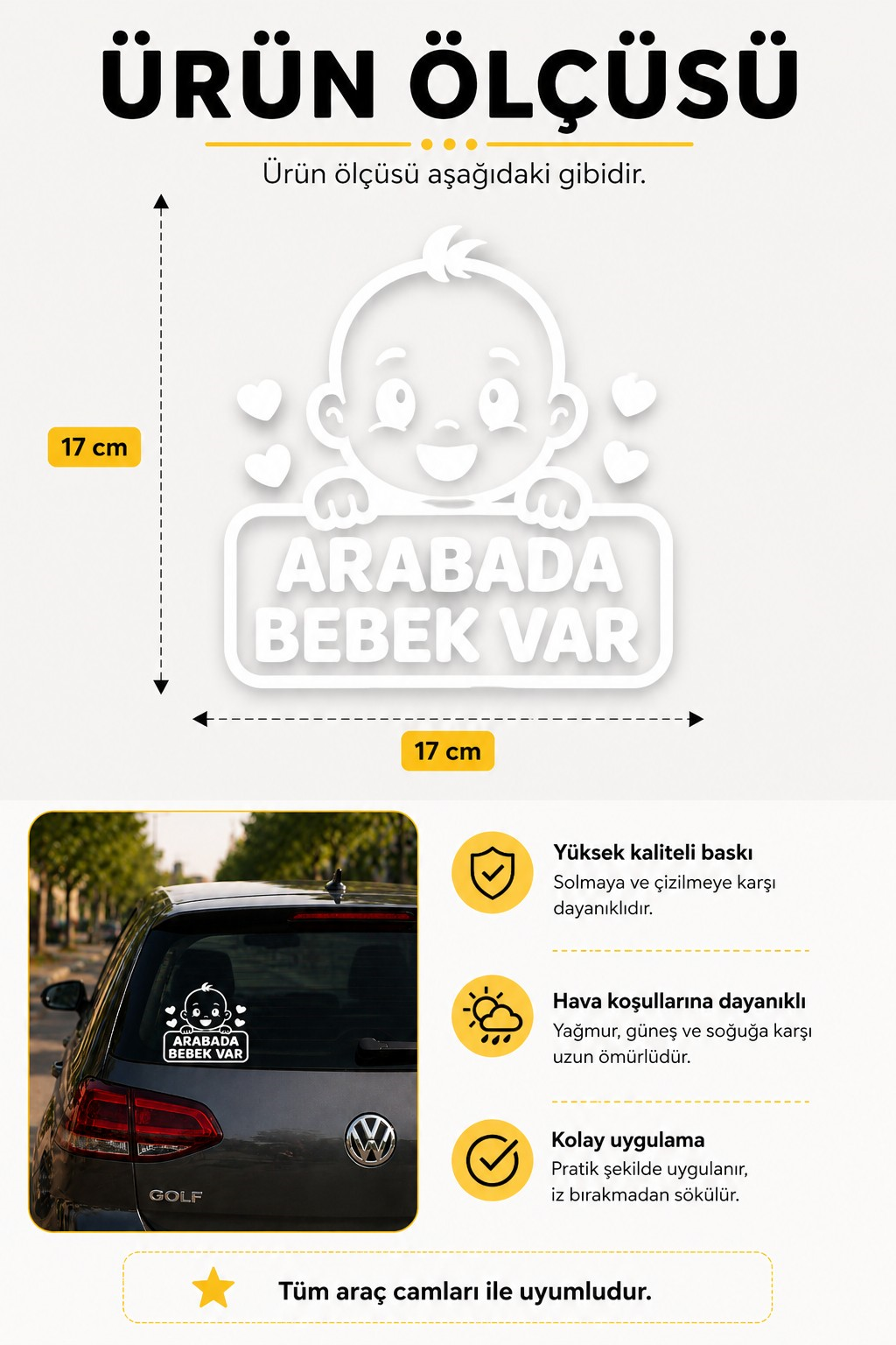 Araba Camı Bebek Var Stickerı 17x17 cm | Beyaz Oto Cam Stickerı | Baby On Board Oto Sticker