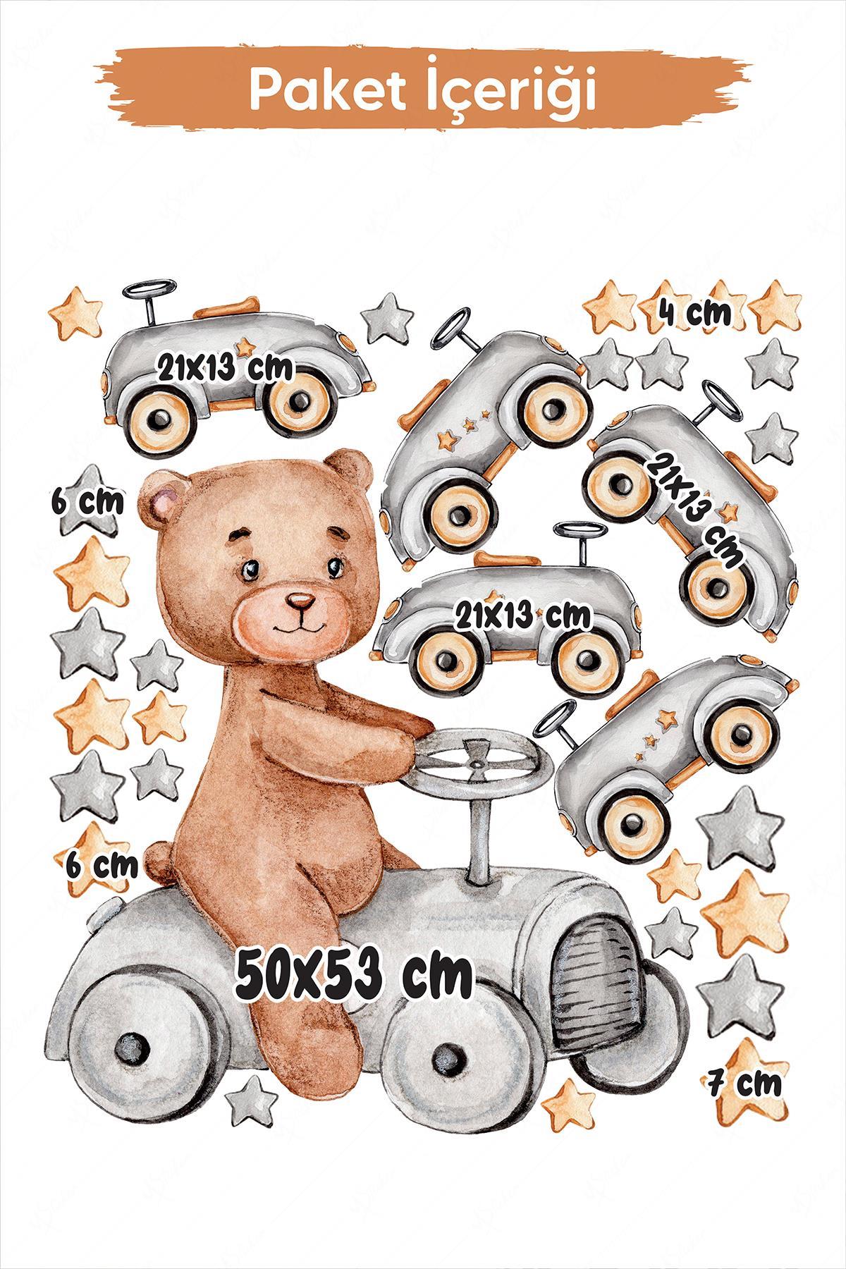 Araba Kullanan Sevimli Ayıcık Küçük Arabalar ve Yıldızlar Çocuk Bebek Odası Sticker Seti