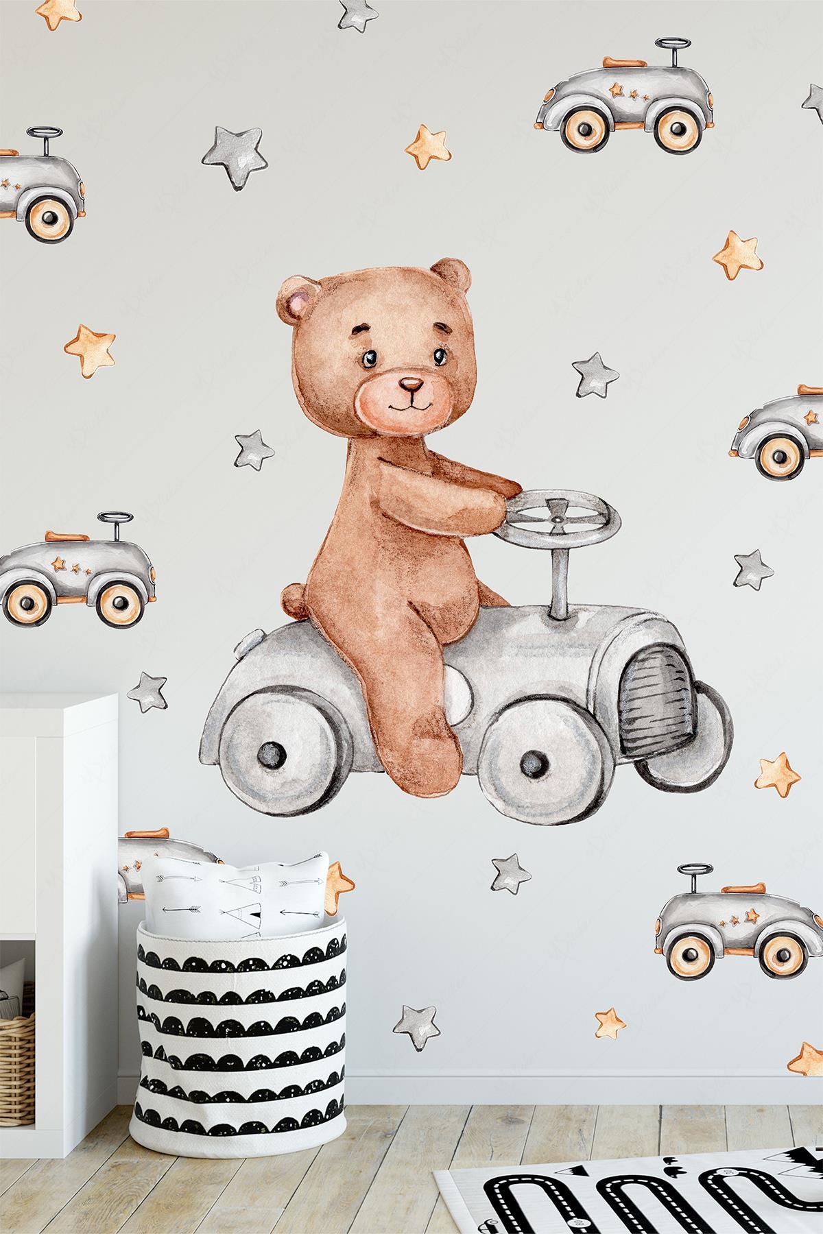 Araba Kullanan Sevimli Ayıcık Küçük Arabalar ve Yıldızlar Çocuk Bebek Odası Sticker Seti