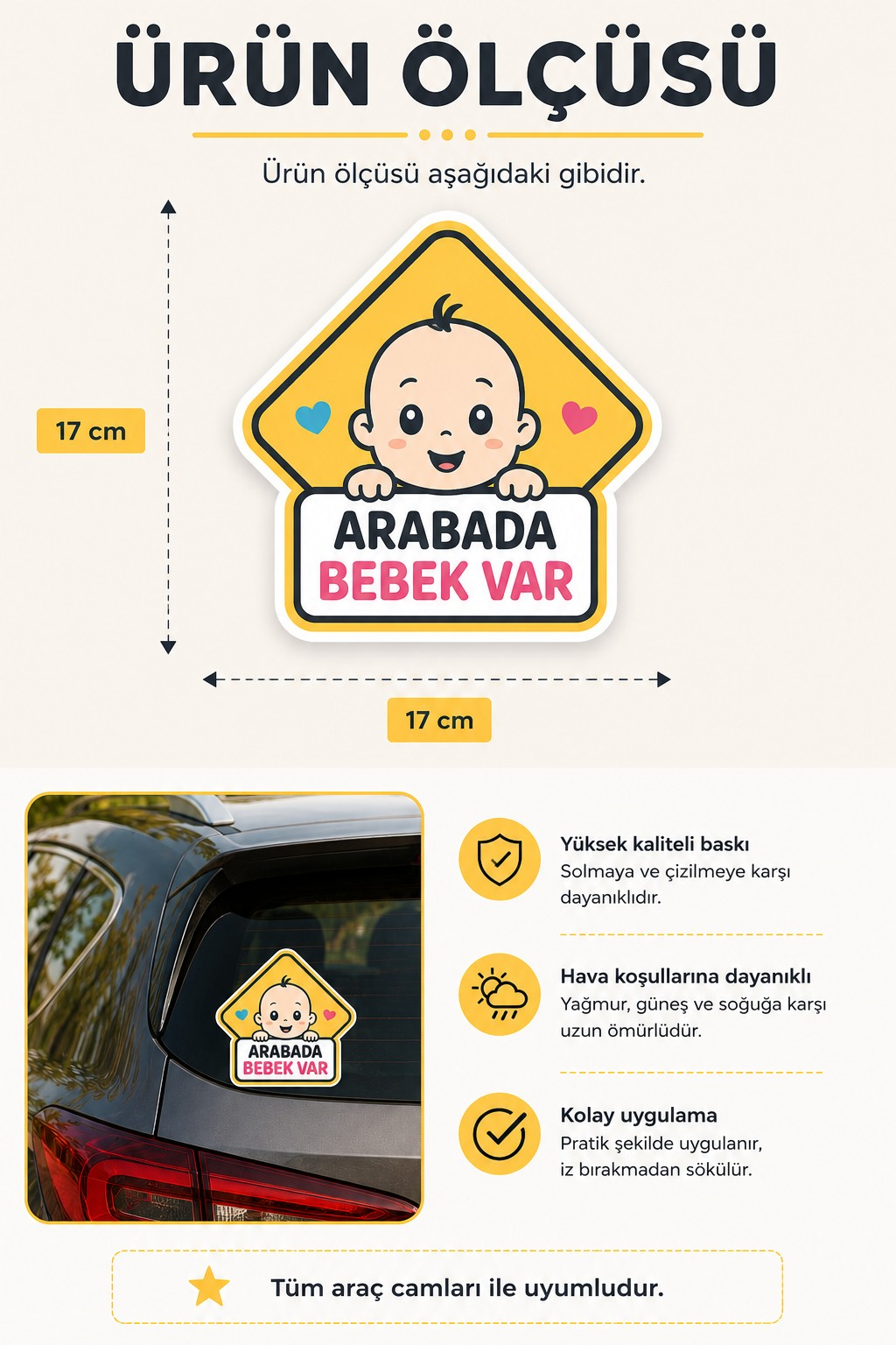 Arabada Bebek Var Oto Cam Stickerı 17x17 cm | Renkli Baby On Board Araç Stickerı