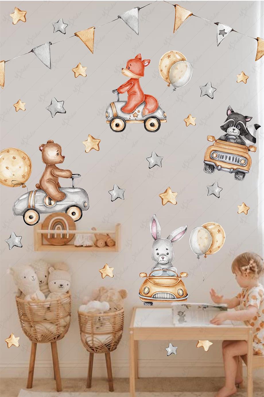 Arabada Sevimli Hayvanlar Çocuk Bebek Odası Sticker Seti