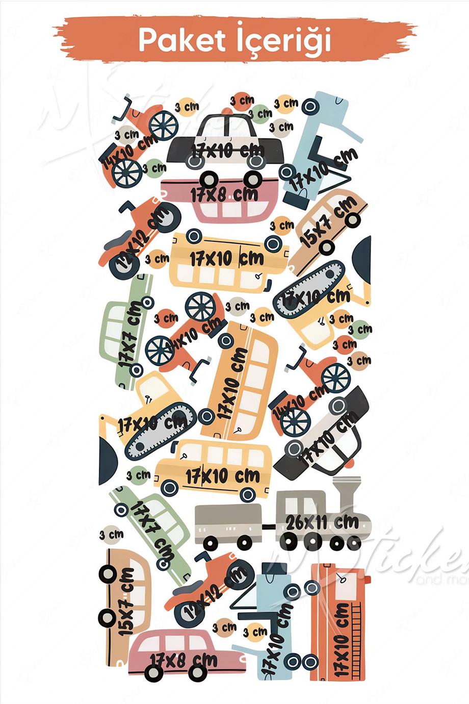 Arabalar Çocuk Bebek Odası Stickerı - Sevimli Pastel Renklerde Arabalar Çocuk Bebek Odası Cam Duvar Sticker Seti