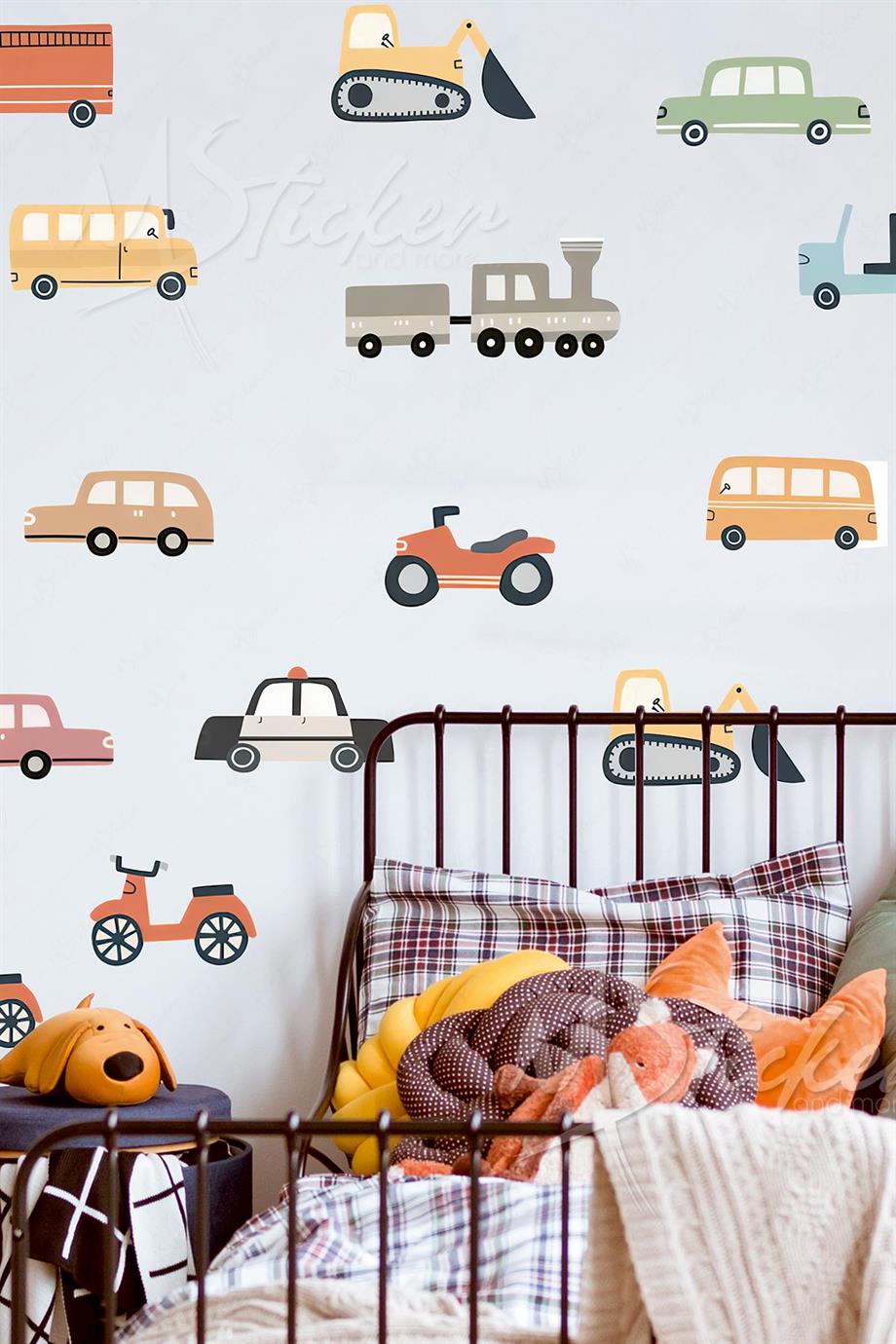 Arabalar Çocuk Bebek Odası Stickerı - Sevimli Pastel Renklerde Arabalar Çocuk Bebek Odası Cam Duvar Sticker Seti