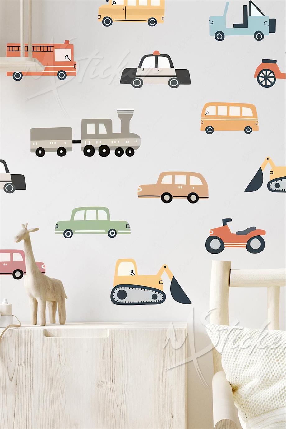 Arabalar Çocuk Bebek Odası Stickerı - Sevimli Pastel Renklerde Arabalar Çocuk Bebek Odası Cam Duvar Sticker Seti