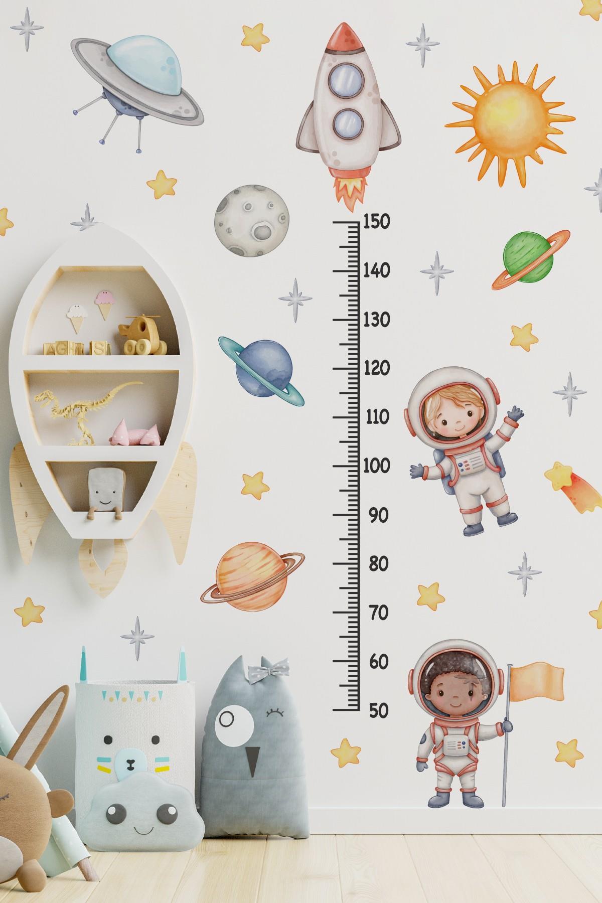 Astronotlar, Uzay ve Gezegenler Temalı Temalı Boy Ölçer Boy Cetveli Sticker Seti Çocuk 