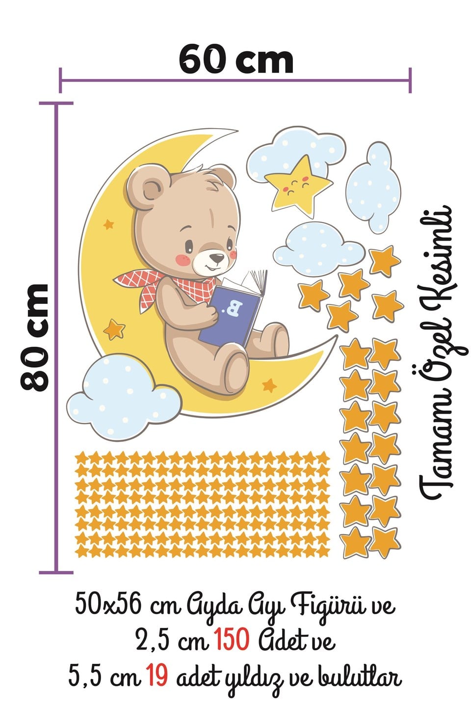 Ayda Kitap Okuyan Ayıcık Bulut ve Yıldızlar Çocuk Bebek Odası Sti
