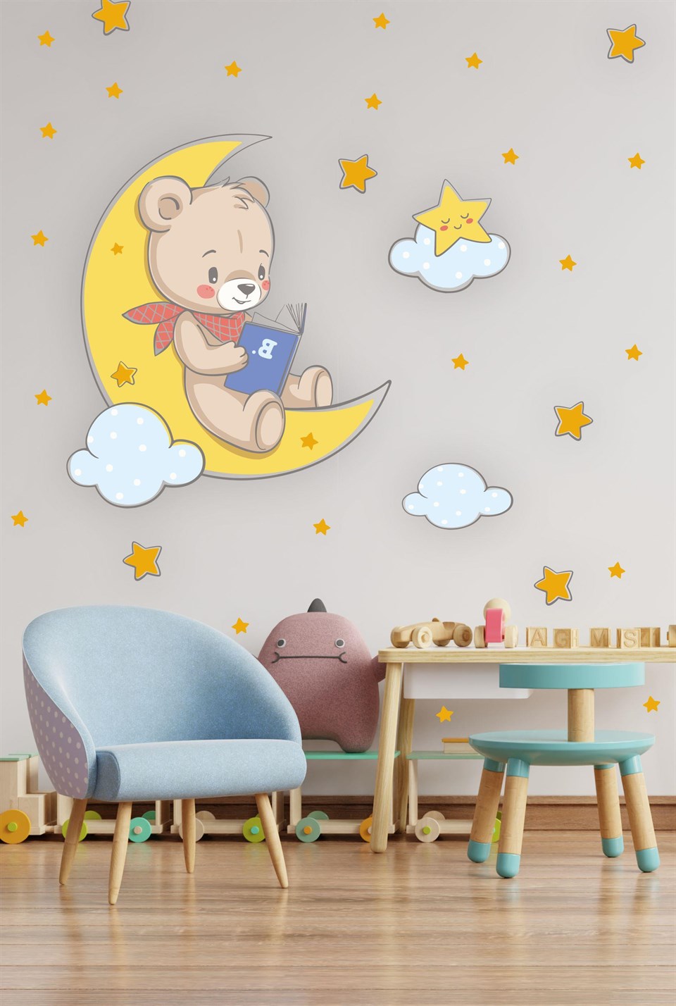 Ayda Kitap Okuyan Ayıcık Bulut ve Yıldızlar Çocuk Bebek Odası Sti