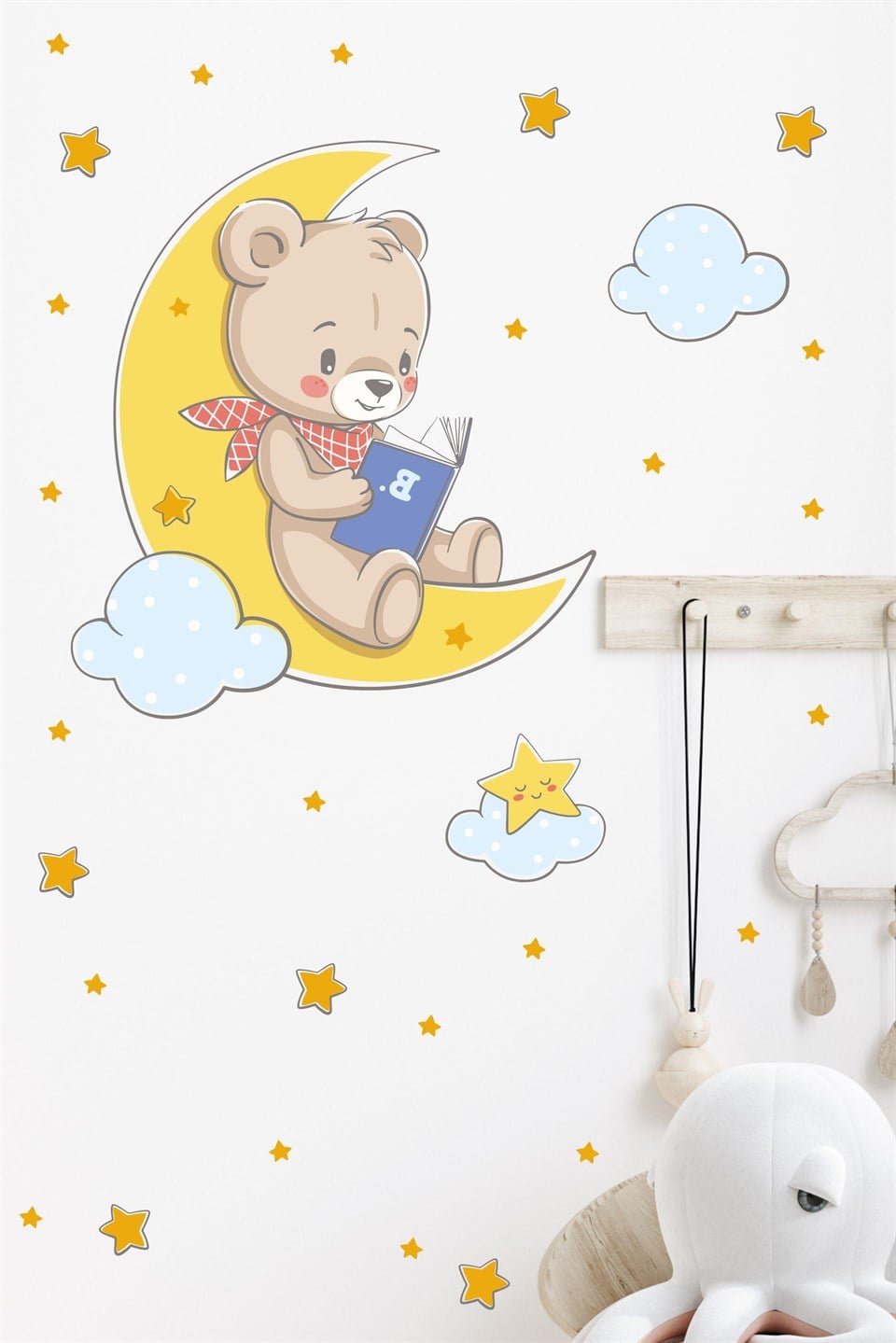 Ayda Kitap Okuyan Ayıcık Bulut ve Yıldızlar Çocuk Bebek Odası Sti
