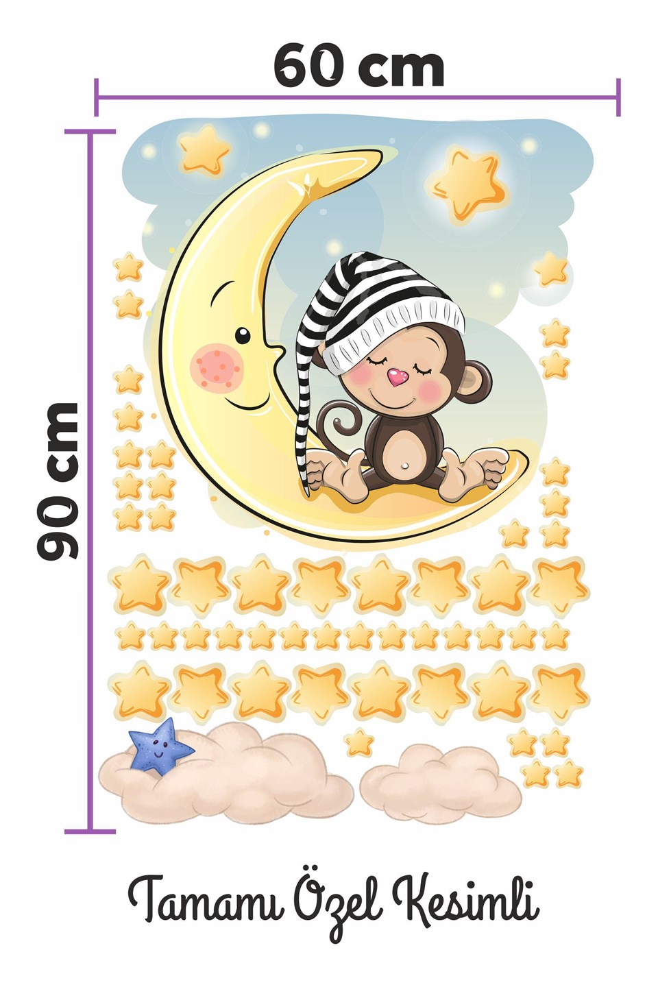 Ayda Oturan Maymun Bulut ve Yıldızlar Çocuk Bebek Odası Sticker S