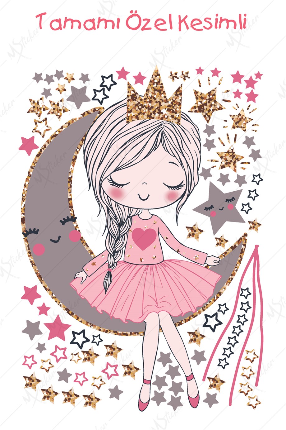 Ayda Oturan Sevimli Kız Çocuk Odası Duvar Sticker Seti  45x60 cm