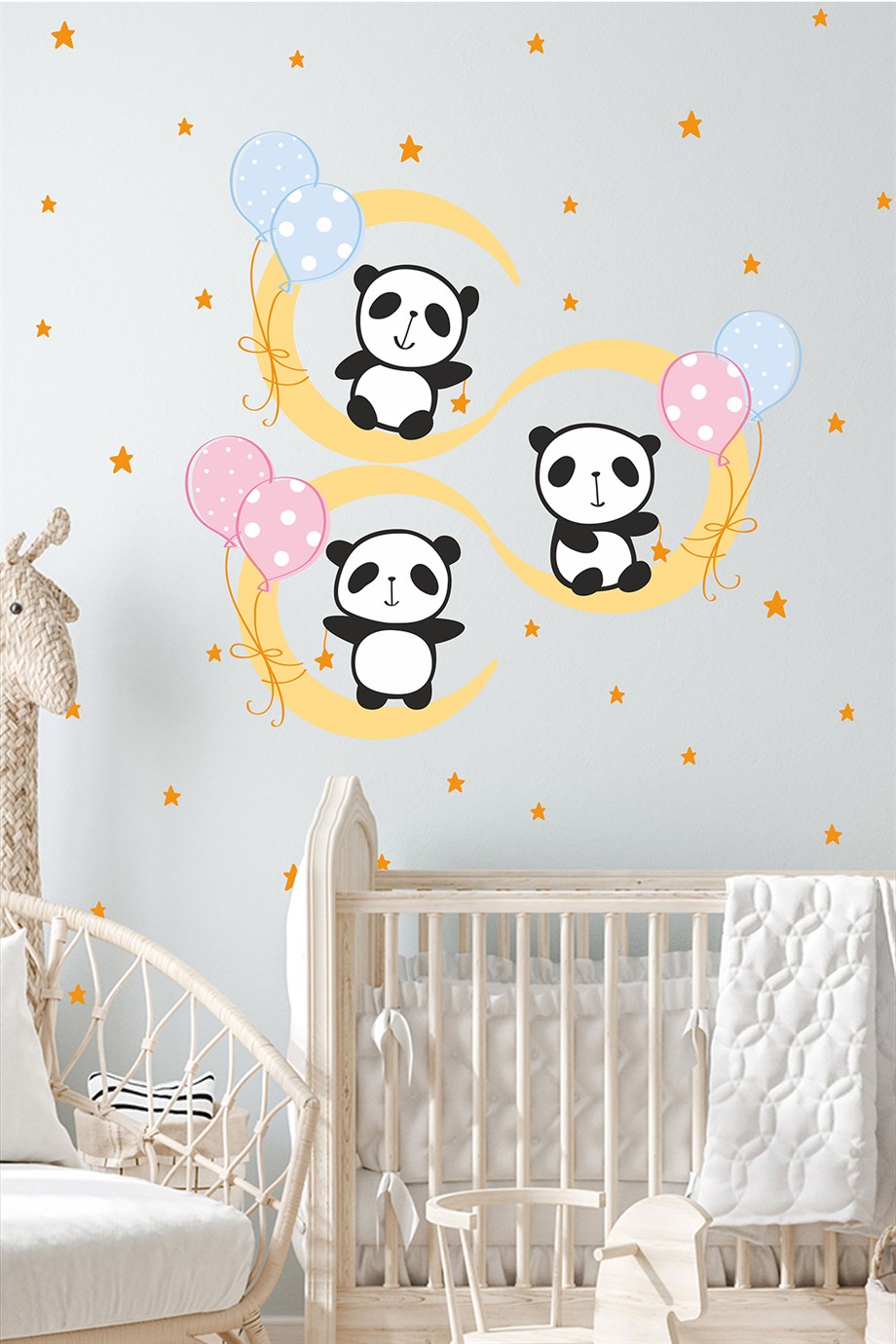 Ayda Oynayan Sevimli Pandalar Ve Yıldızlar Sticker Seti, Cam Duvar Dekorasyon Sticker