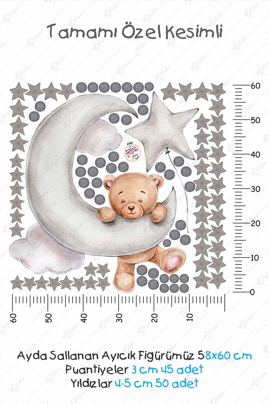 Ayda Sallanan Sevimli Ayıcık Puantiye Ve Yıldızlar Çocuk Bebek Odası Sticker Seti