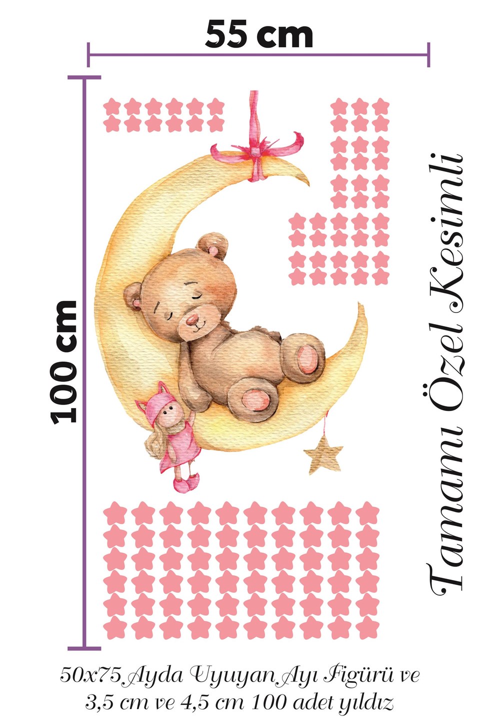 Ayda Uyuyan Sevimli Ayıcık , Bebek ve Pembe Yıldızlar Sticker Seti