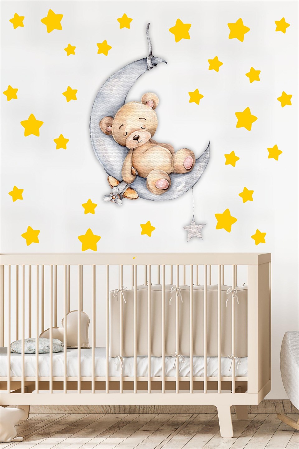 Ayda Uyuyan Sevimli Ayıcık ve Sarı Yıldızlar Çocuk Bebek Odası Sticker