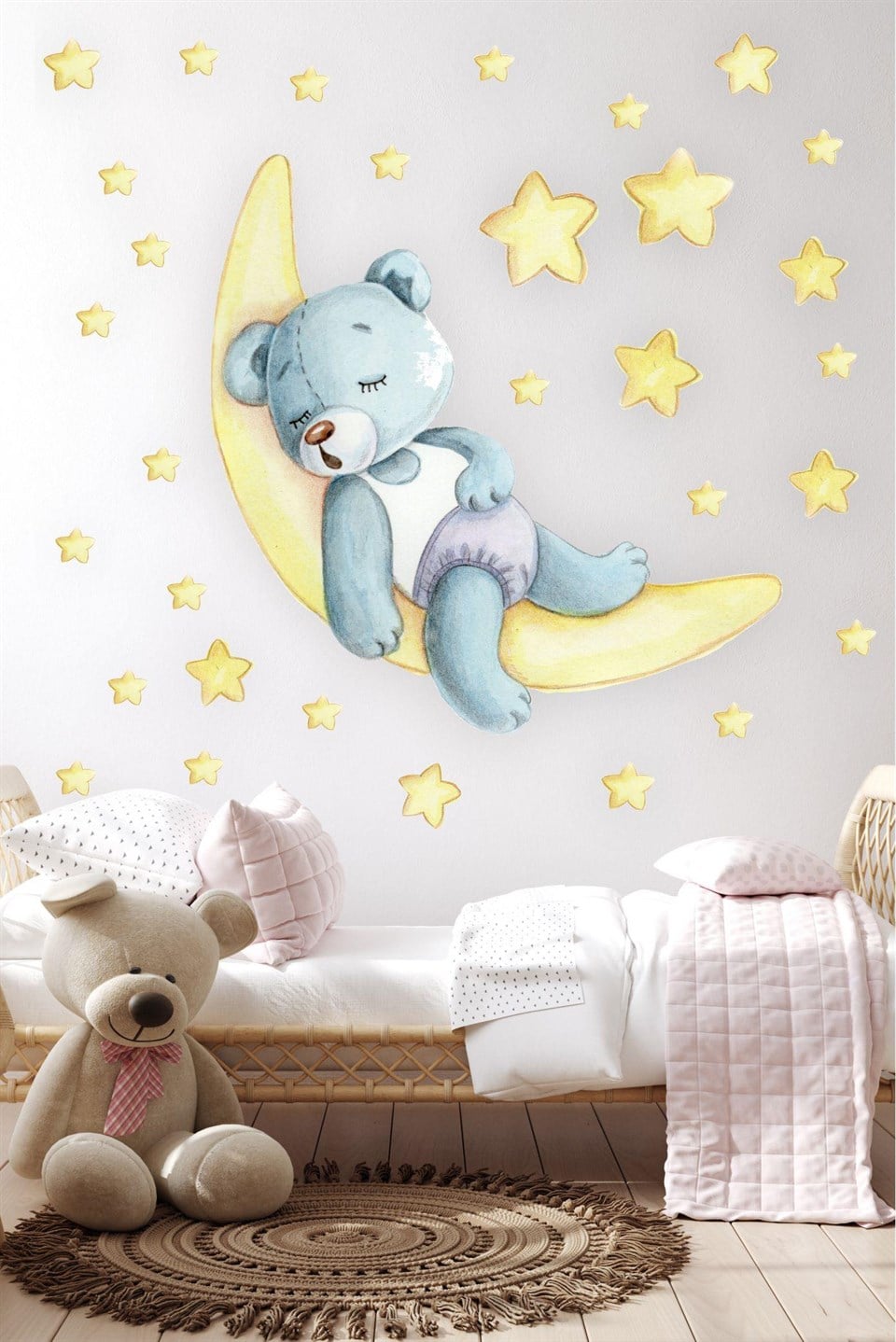 Ayda Uyuyan Uykucu Ayıcık ve Sarı Yıldızlar Çocuk Odası Sticker S