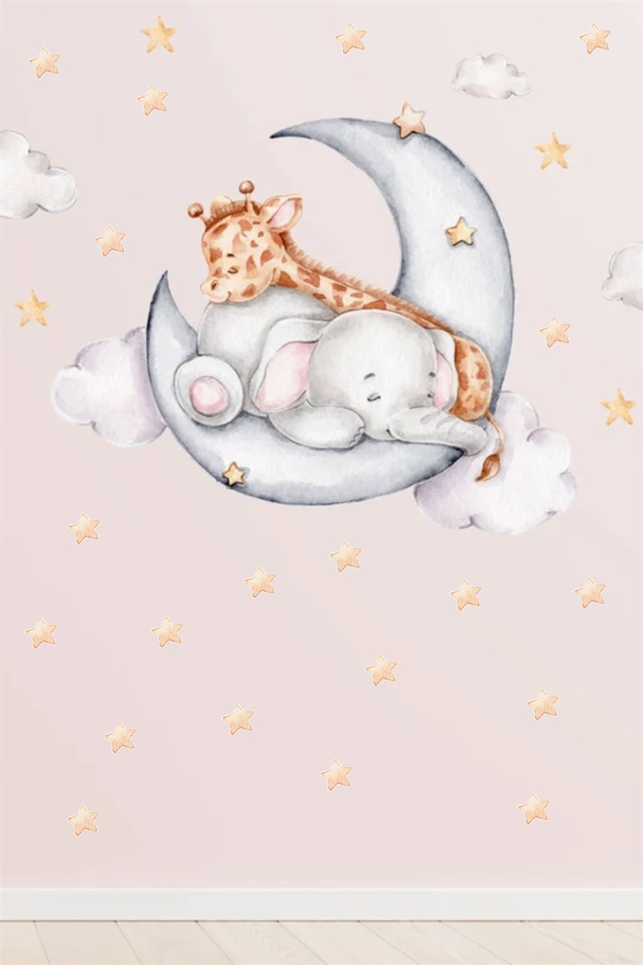 Ayda Uyuyan Zürafa Ve Fil ,yıldız Ve Bulutlu Sticker Seti Çocuk Bebek Odası Sticker