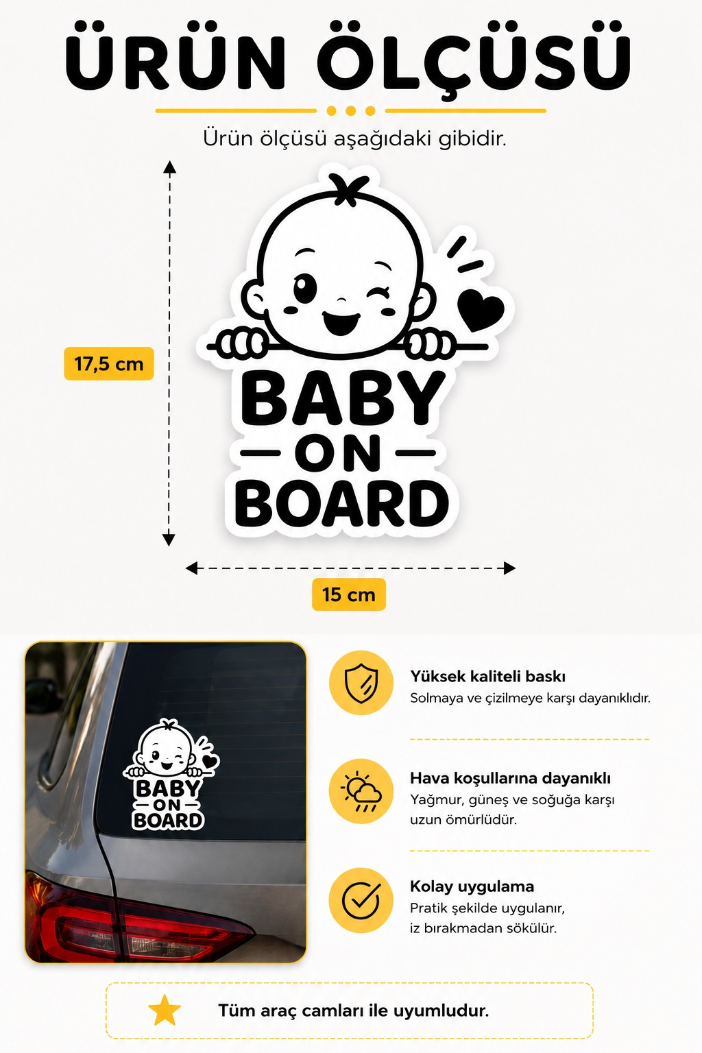 Baby On Board Beyaz Oto Cam Stickerı 15x17,5 cm | Arabada Bebek Var Araç Stickerı